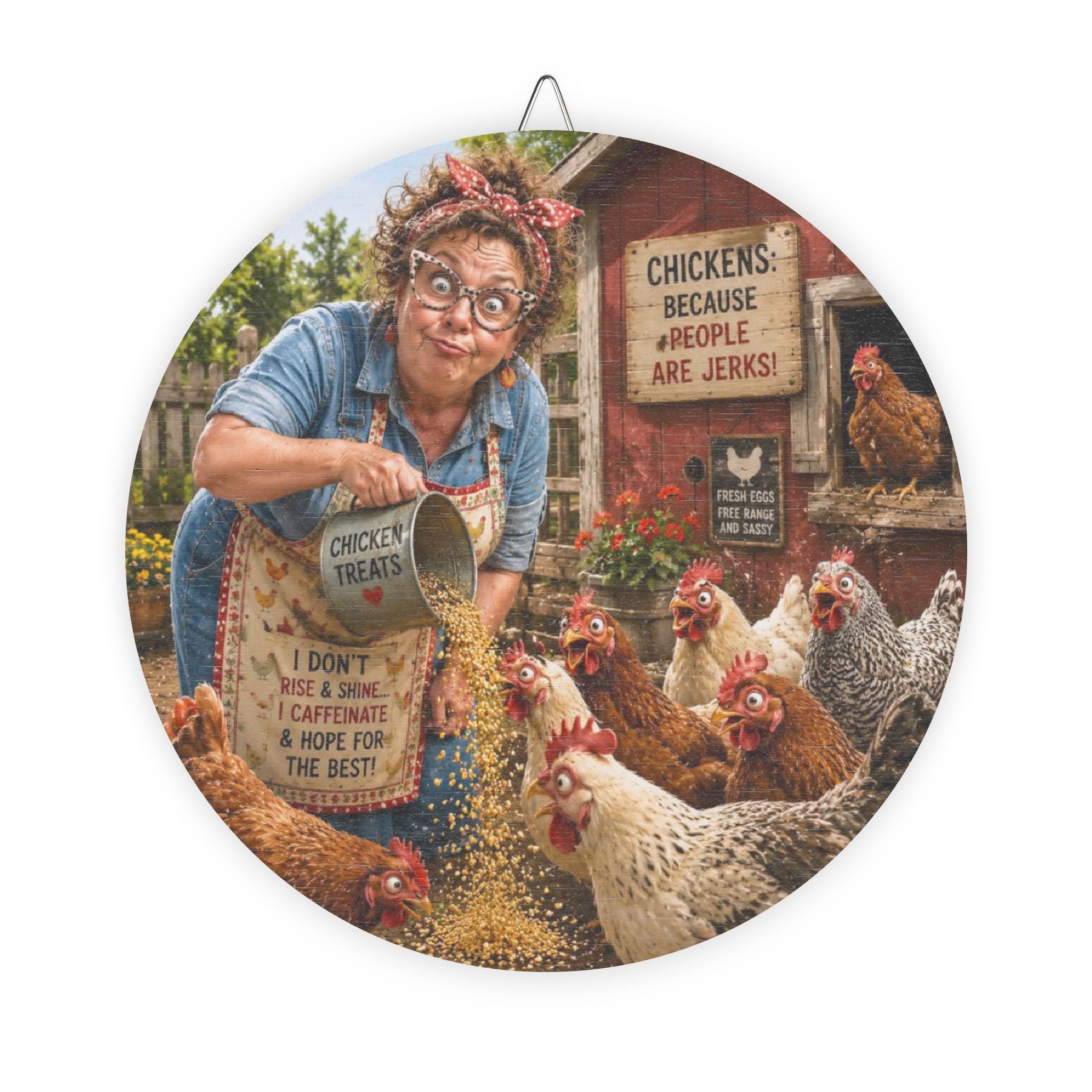 Round Rustic Chicken Farm Wood Sign – Funny "Chickens Because People Are Jerks" Décor
