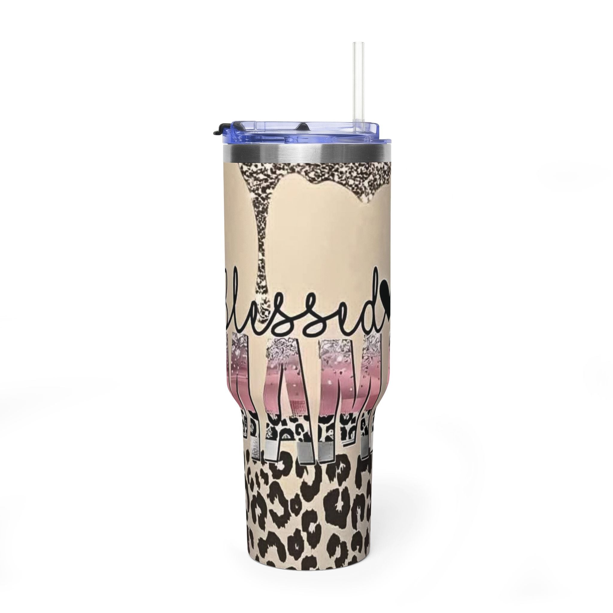 Blessed Leopard 40oz Vacuum Tumbler — Insulated Travel Cup with Glitter Drip Design