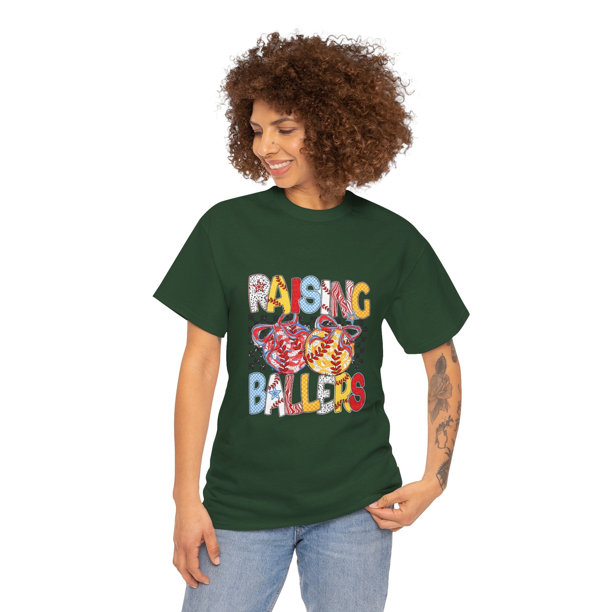 T-Shirt — "Raising Ballers" Kids Sports Tee with Retro Checkered Basketball Design