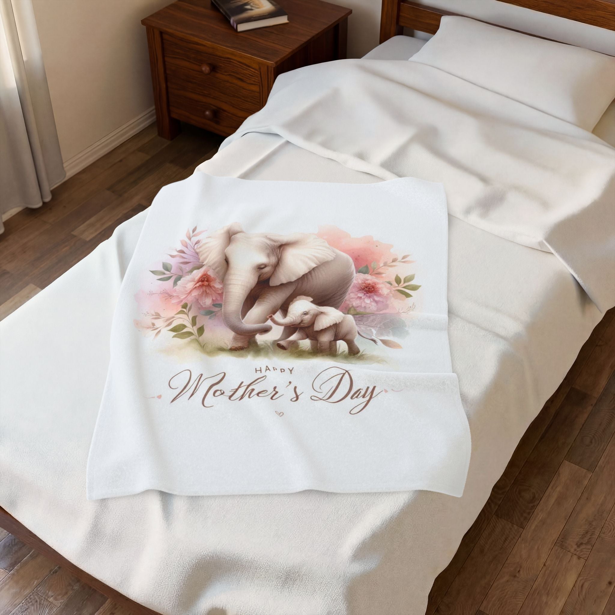 Mother’s Day Velveteen Blanket — Elephant Mom & Calf Floral Design