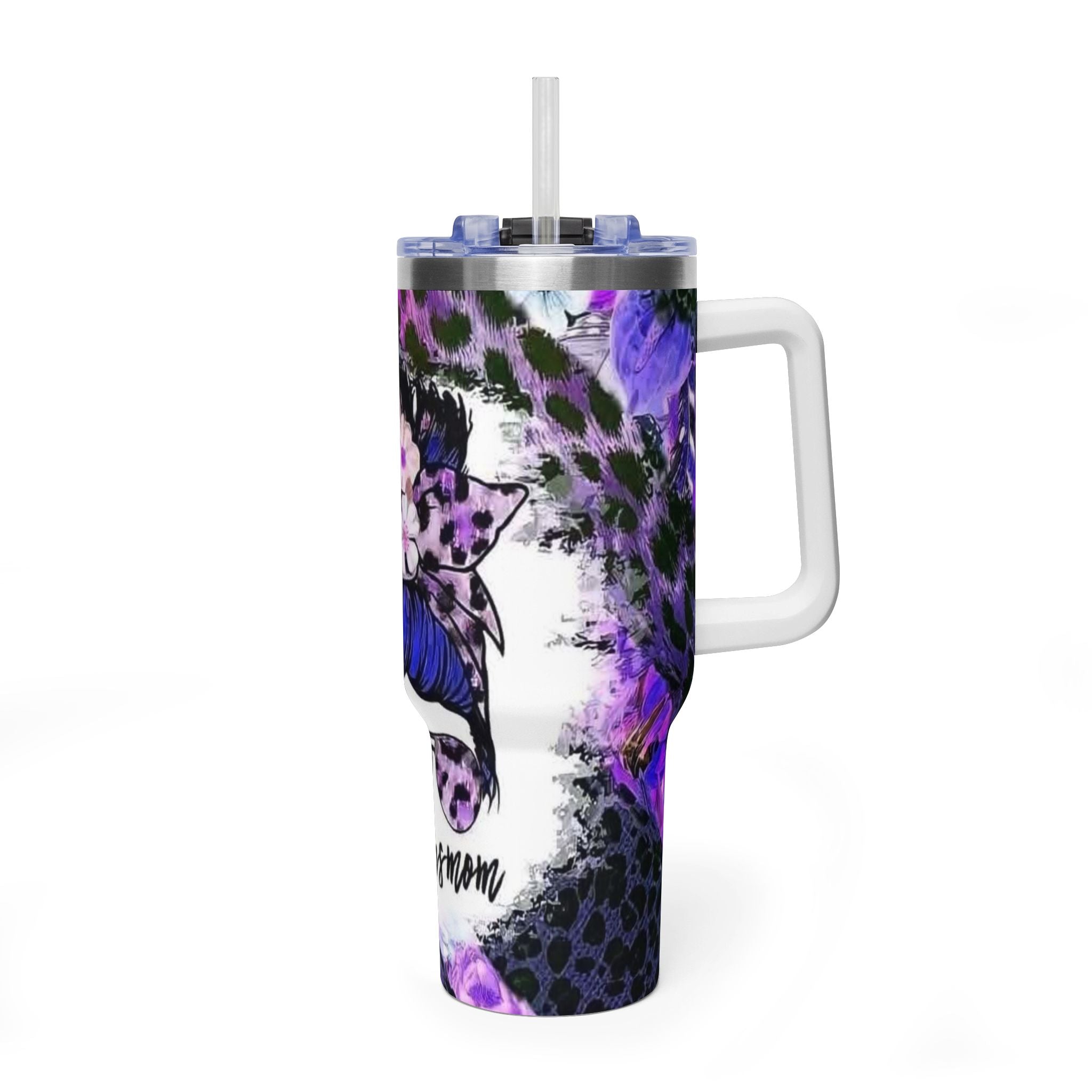 40oz Boss Mom Tumbler — Purple Leopard Floral Thermal Travel Mug