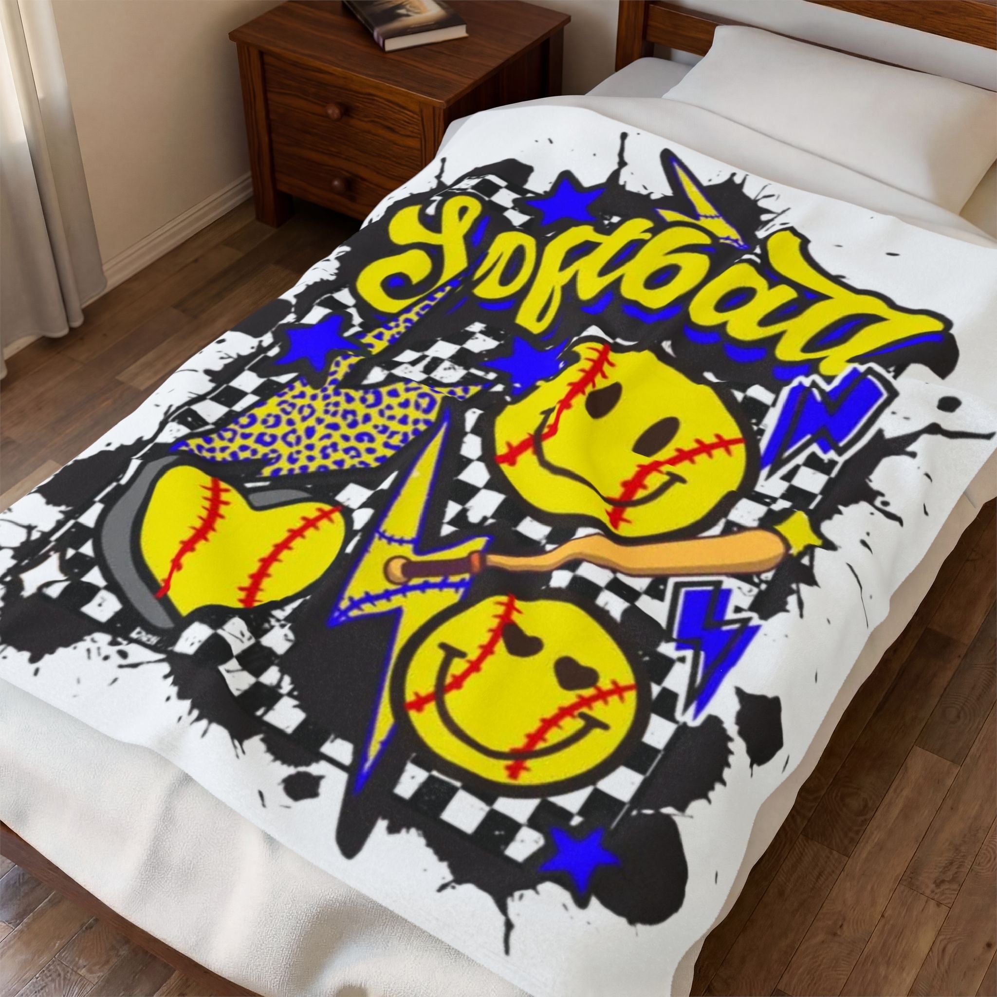 Softball Velveteen Plush Blanket – Smiley Ball Retro Graphic