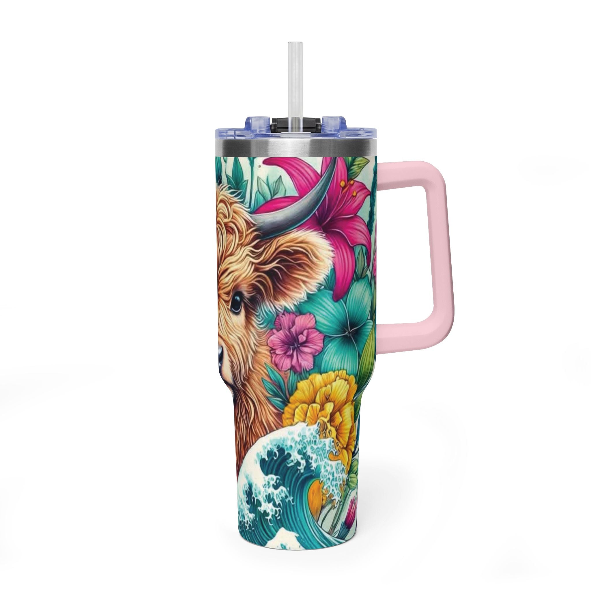 40oz Thermal Tumbler – Floral Highland Cow Insulated Travel Mug