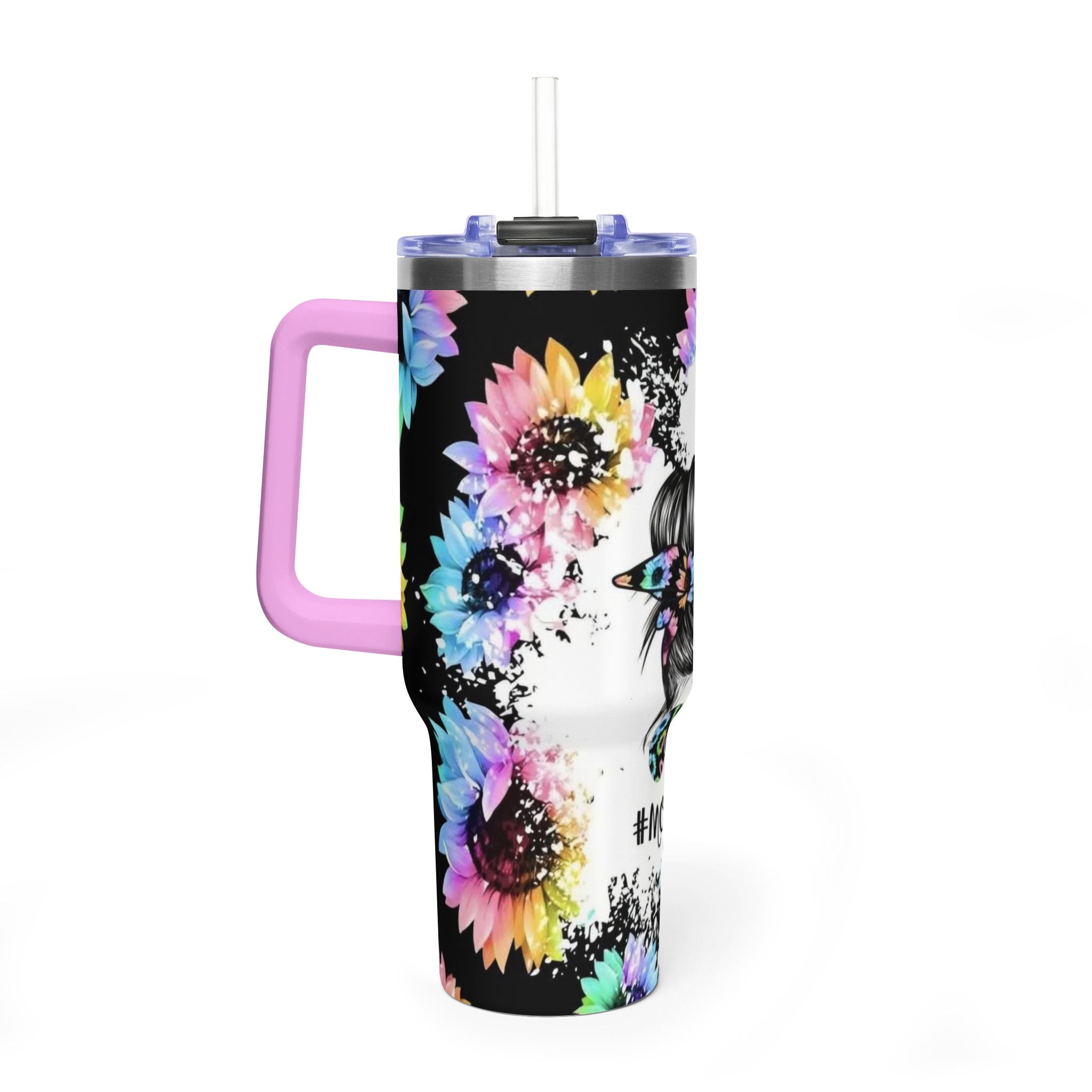 40oz Mom Life Tumbler - Floral Skull Messy Bun Vacuum Insulated Travel Mug