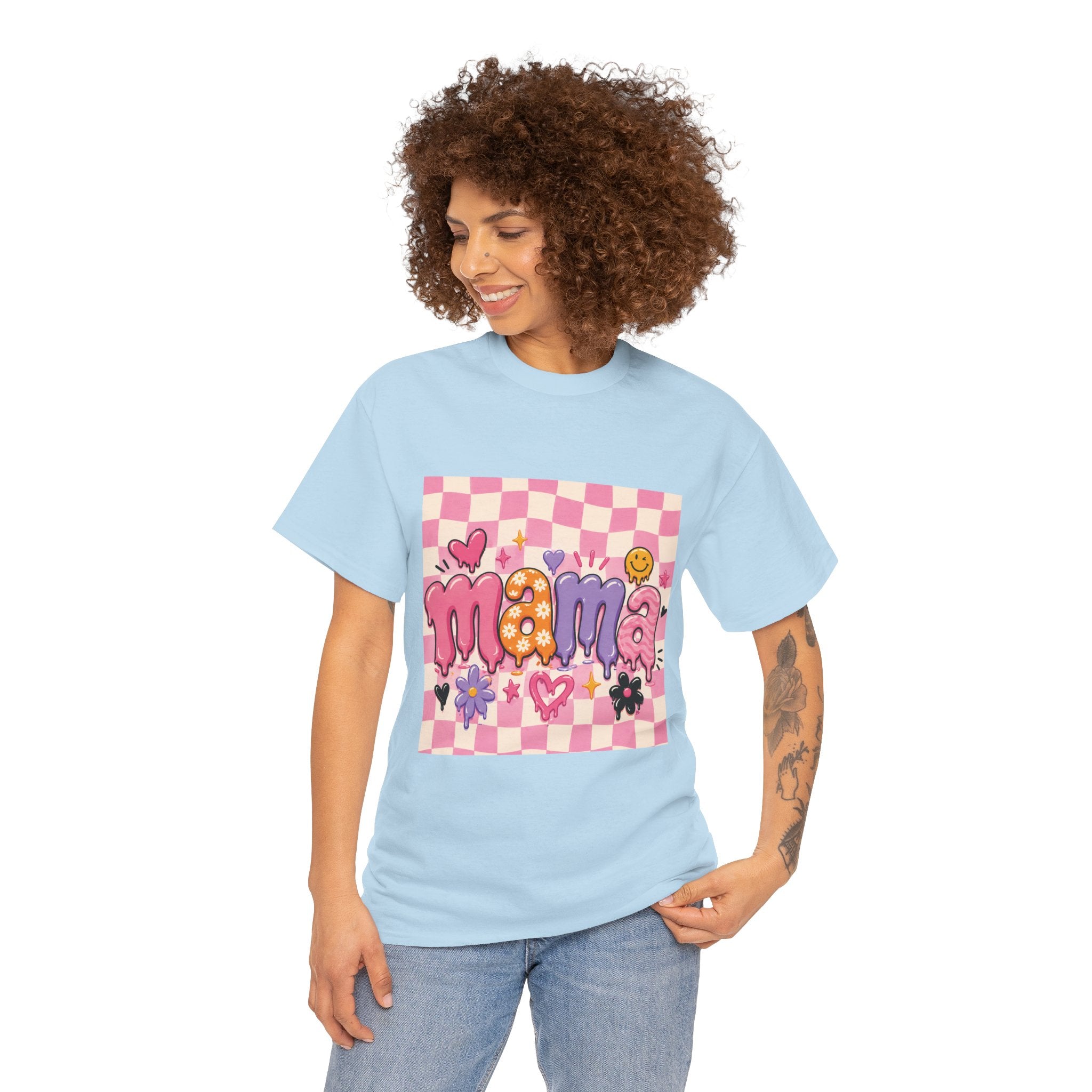 Mama Checkerboard Graphic Tee — Cute Pink Heart & Flower Mother's Day Shirt