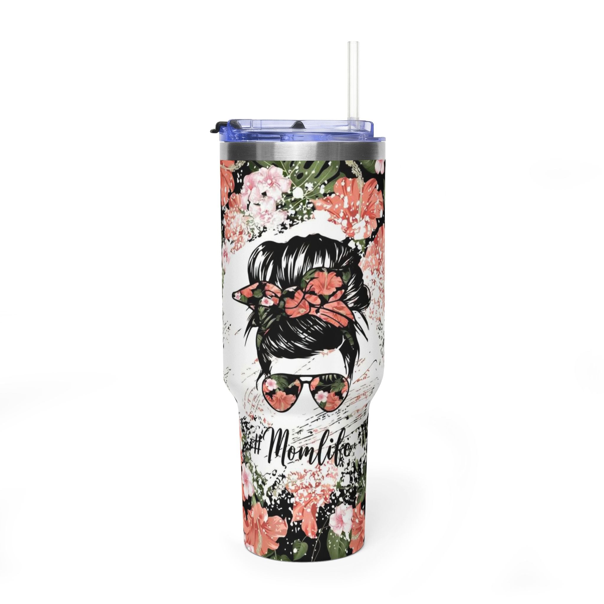 40oz Floral Mom Life Tumbler – Insulated Vacuum Travel Cup with Straw