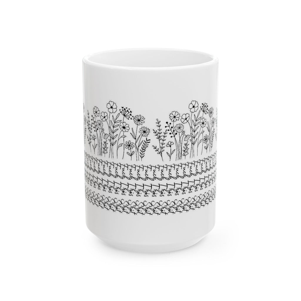 Floral Knit Pattern Ceramic Mug — Black Doodle Wildflower Design (11oz & 15oz)