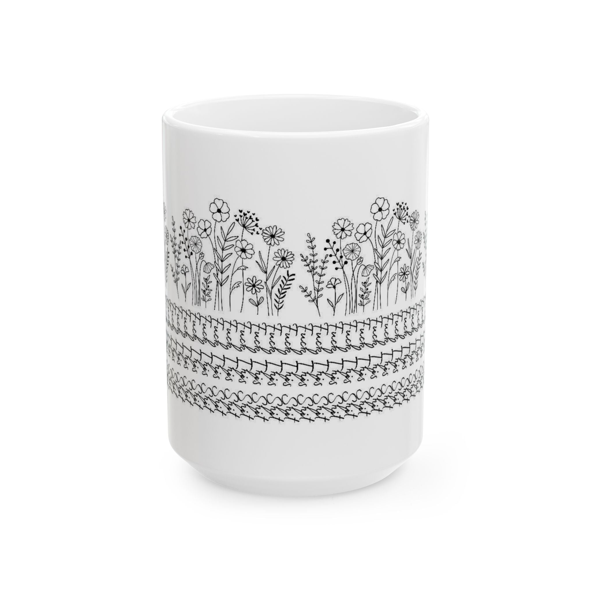Floral Knit Pattern Ceramic Mug — Black Doodle Wildflower Design (11oz & 15oz)