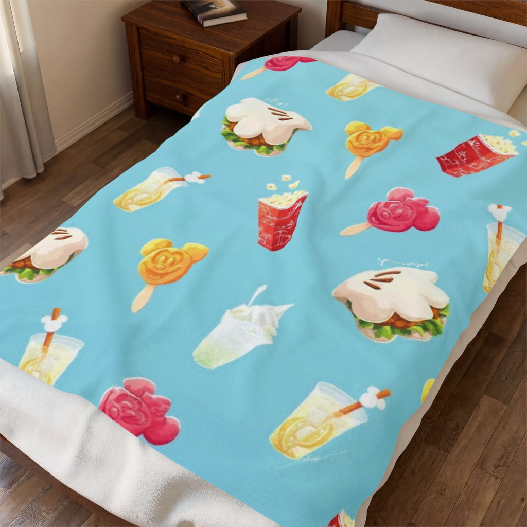 Velveteen Plush Blanket — Retro Snack Pattern Cozy Throw (Popcorn, Drinks & Mickey Treats)