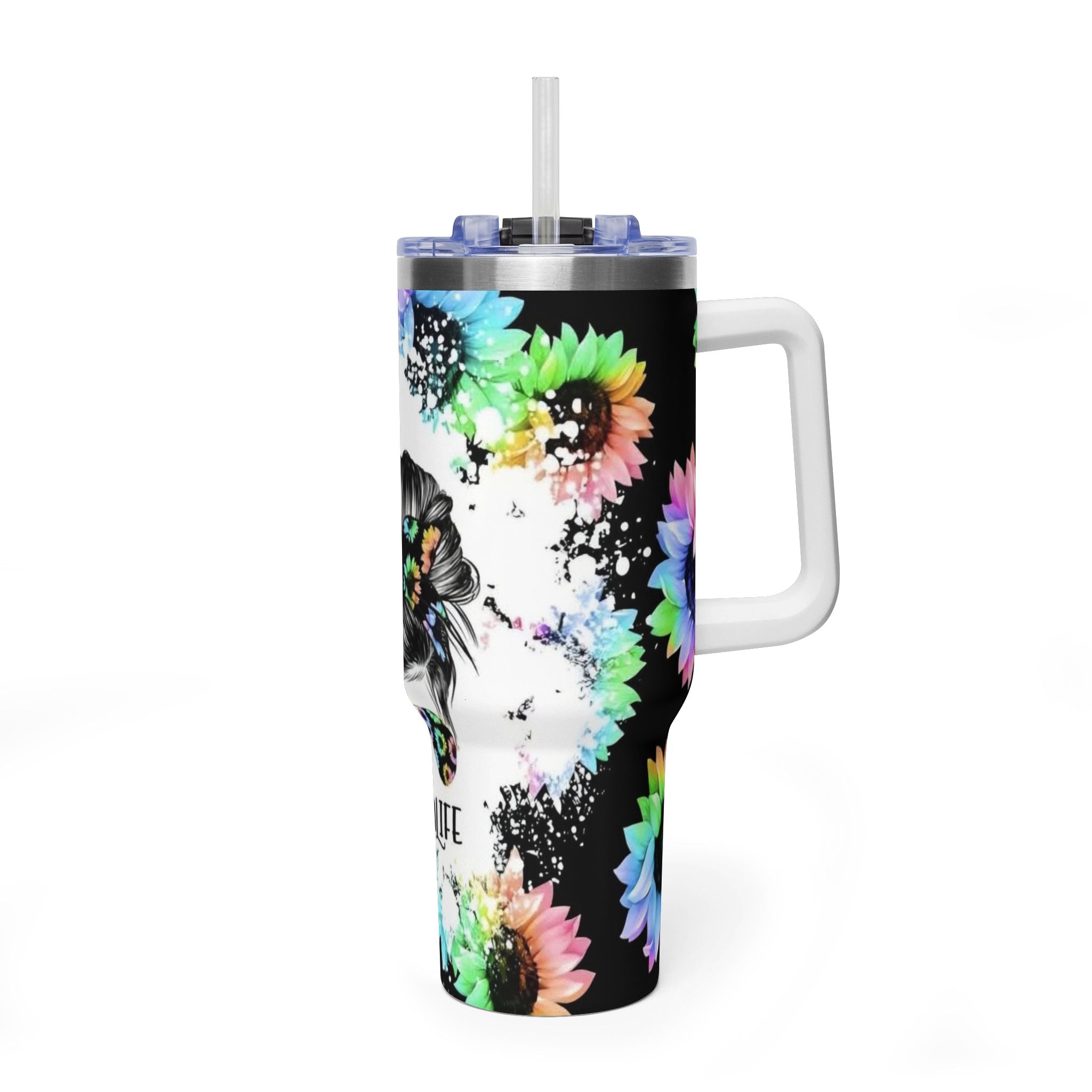 40oz Mom Life Tumbler - Floral Skull Messy Bun Vacuum Insulated Travel Mug