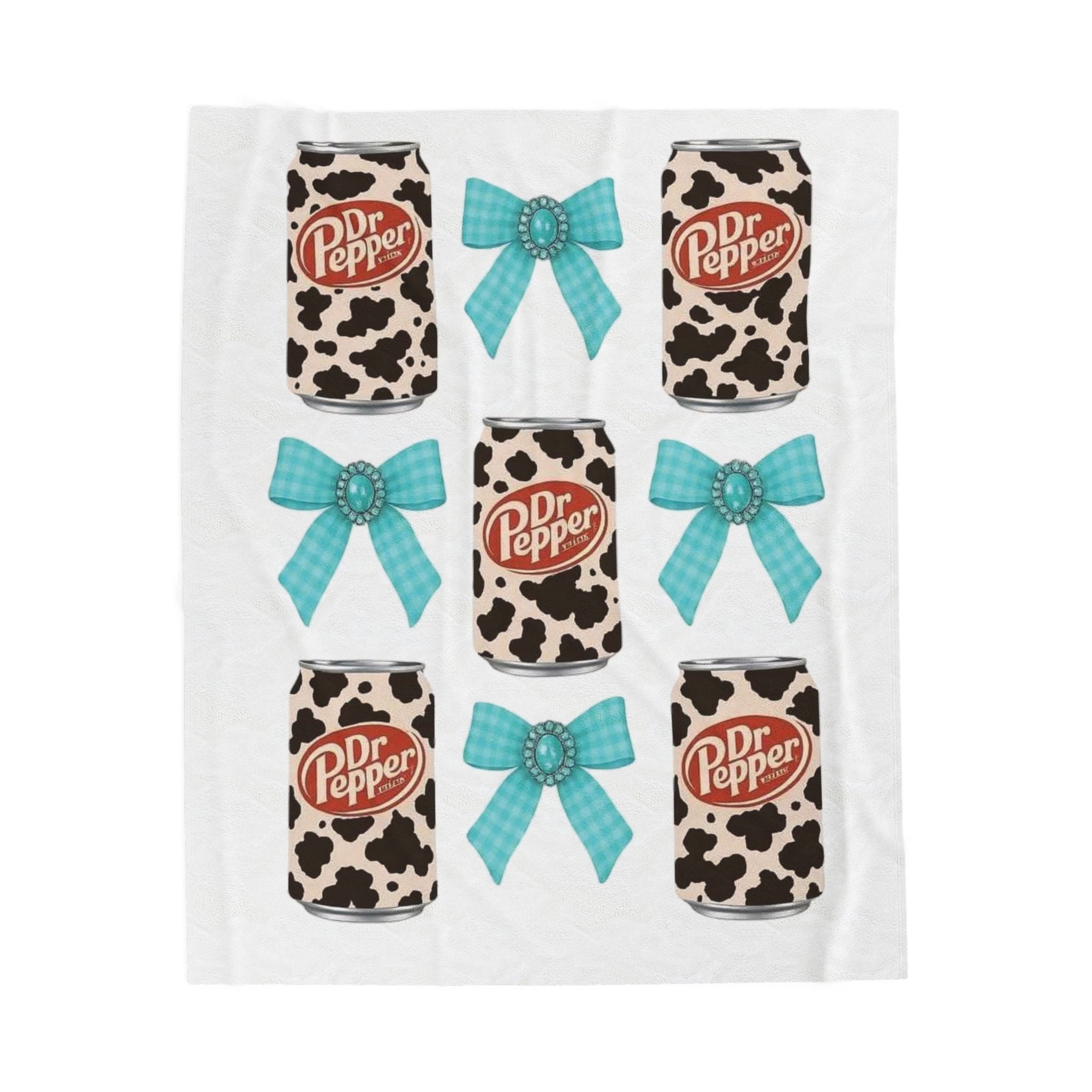 Dr Pepper Cow Print & Turquoise Bow Velveteen Plush Blanket