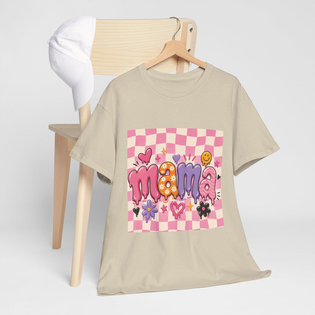 Mama Checkerboard Graphic Tee — Cute Pink Heart & Flower Mother's Day Shirt