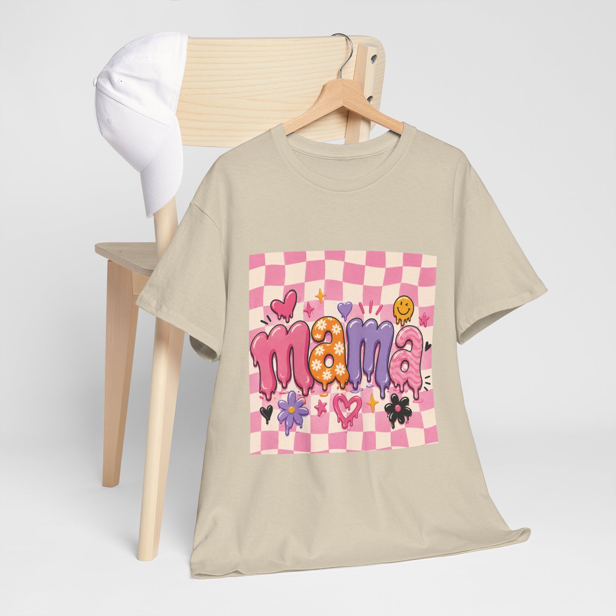 Mama Checkerboard Graphic Tee — Cute Pink Heart & Flower Mother's Day Shirt