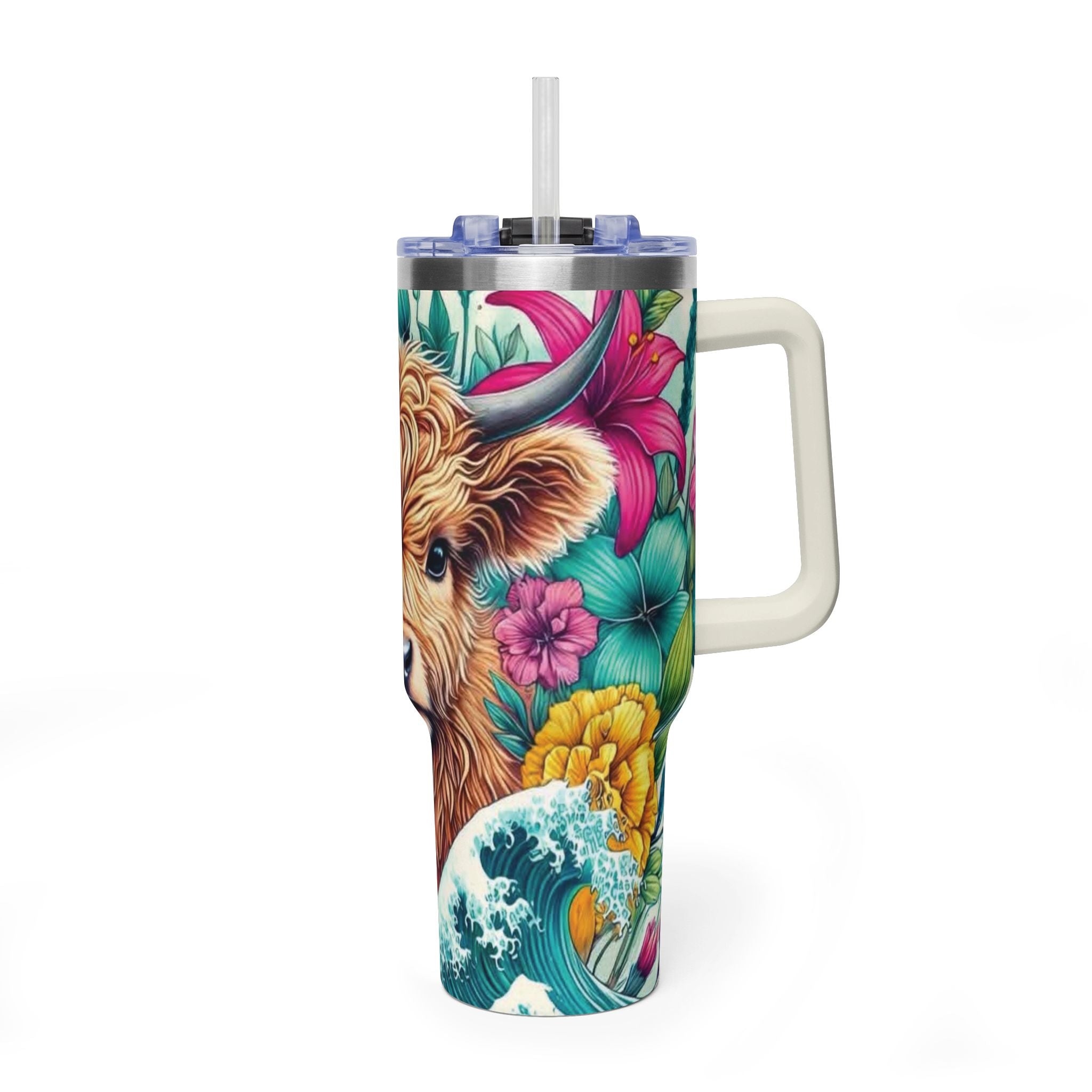 40oz Thermal Tumbler – Floral Highland Cow Insulated Travel Mug