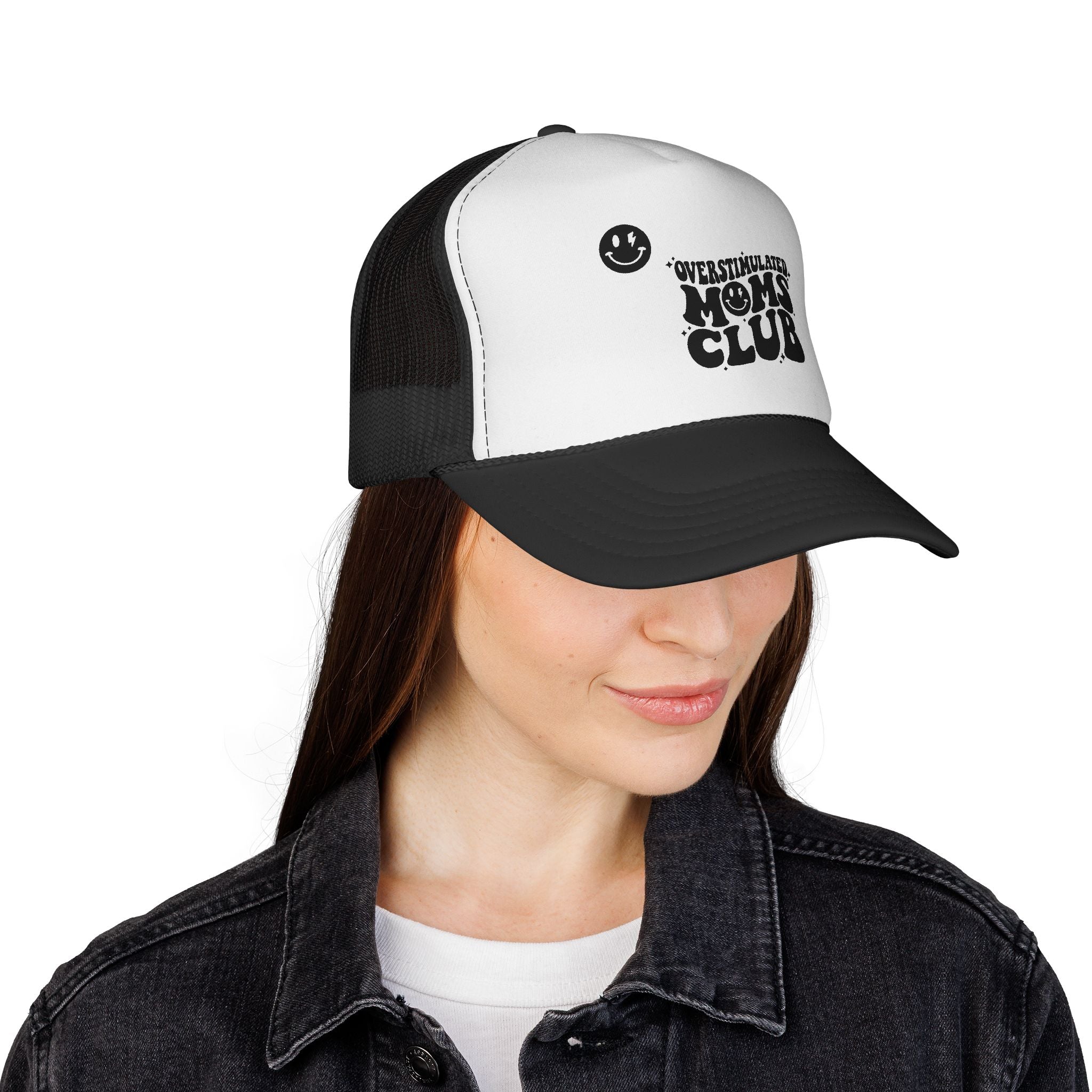 Overstimulated Moms Club Trucker Cap | Retro Smiley Mom Design