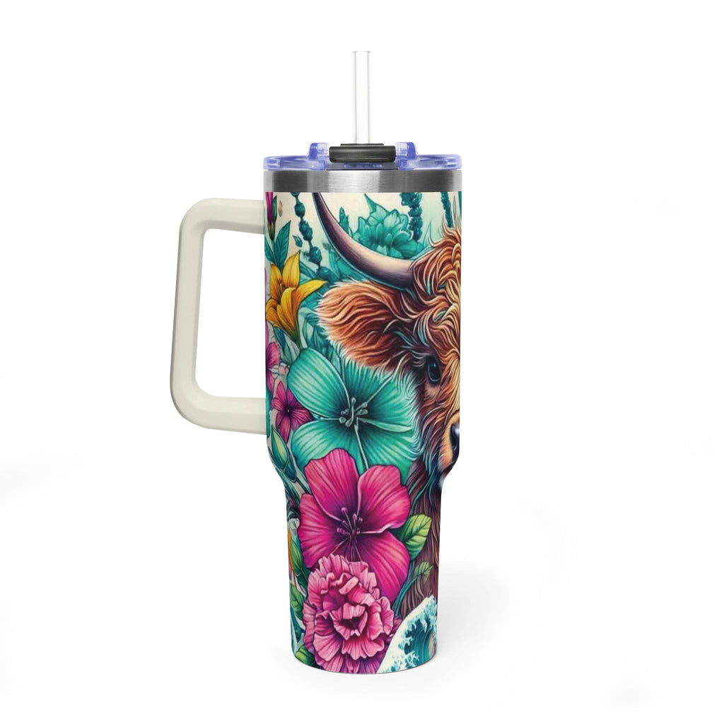 40oz Thermal Tumbler – Floral Highland Cow Insulated Travel Mug