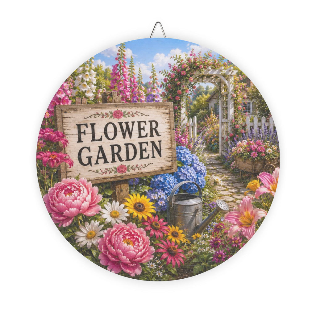 Flower Garden Wood Sign – Round Rustic Garden Decor