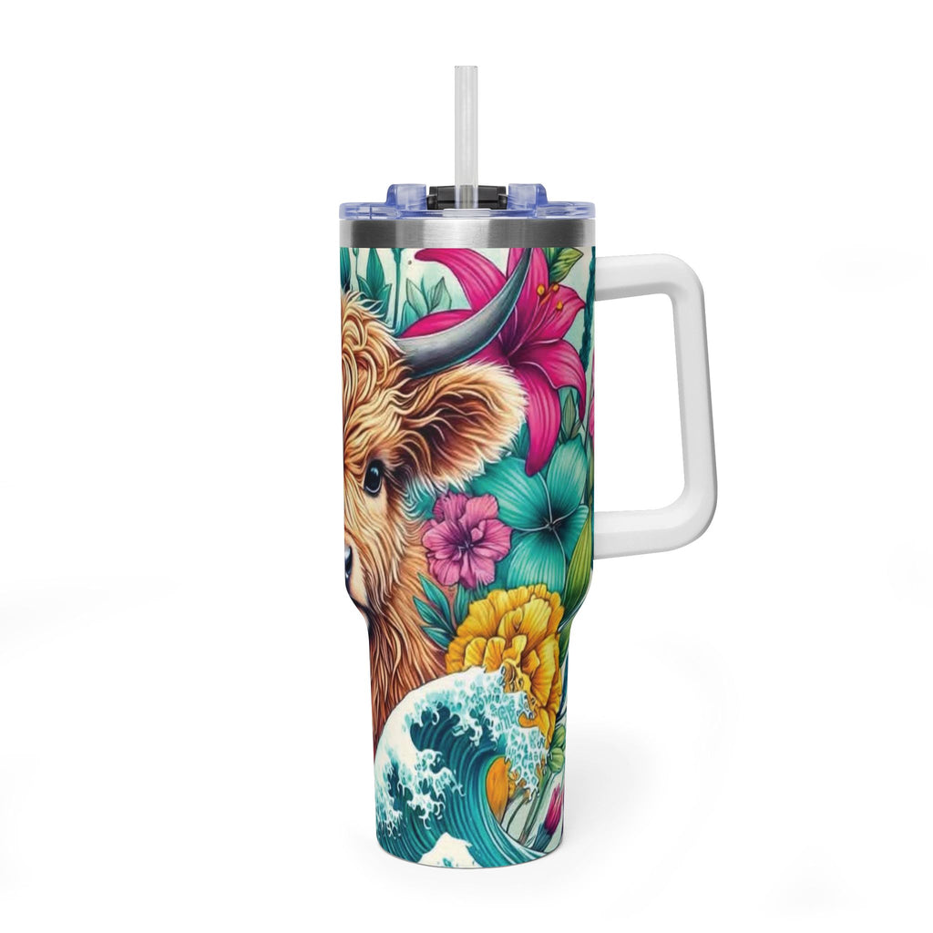 40oz Thermal Tumbler – Floral Highland Cow Insulated Travel Mug