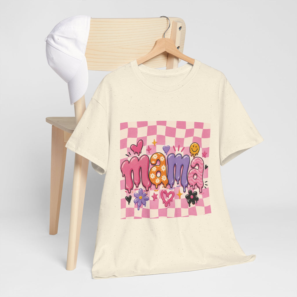 Mama Checkerboard Graphic Tee — Cute Pink Heart & Flower Mother's Day Shirt