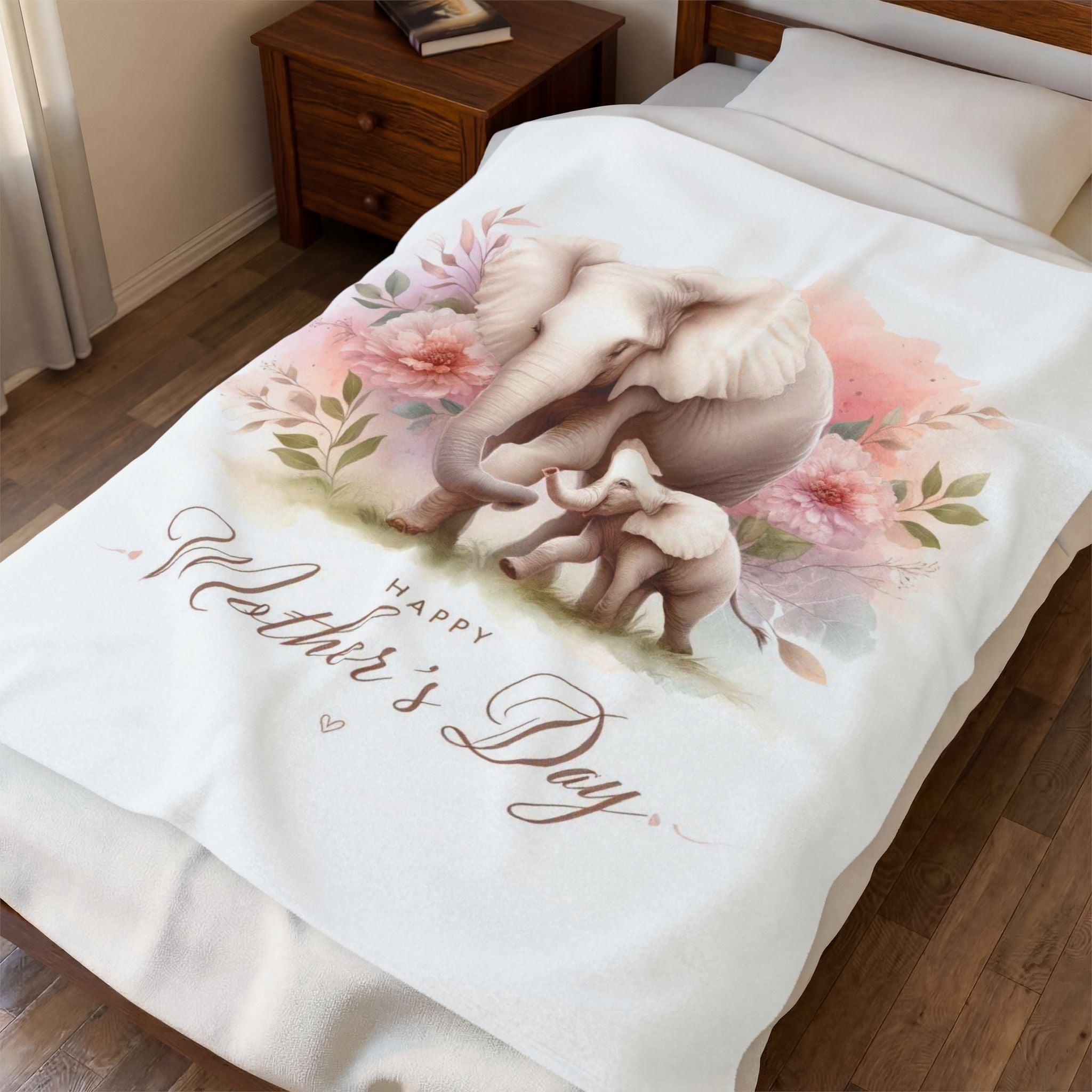 Mother’s Day Velveteen Blanket — Elephant Mom & Calf Floral Design