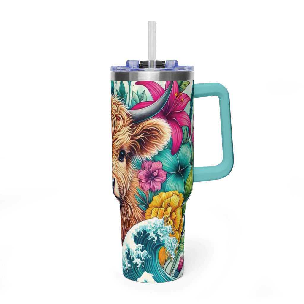 40oz Thermal Tumbler – Floral Highland Cow Insulated Travel Mug