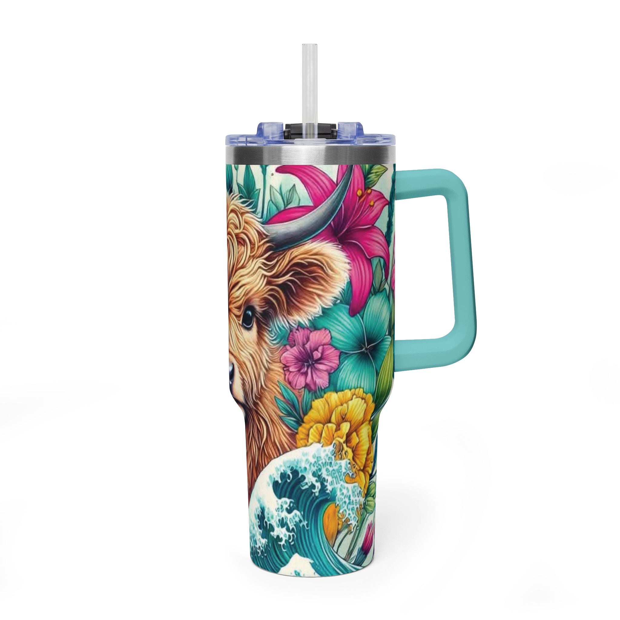 40oz Thermal Tumbler – Floral Highland Cow Insulated Travel Mug