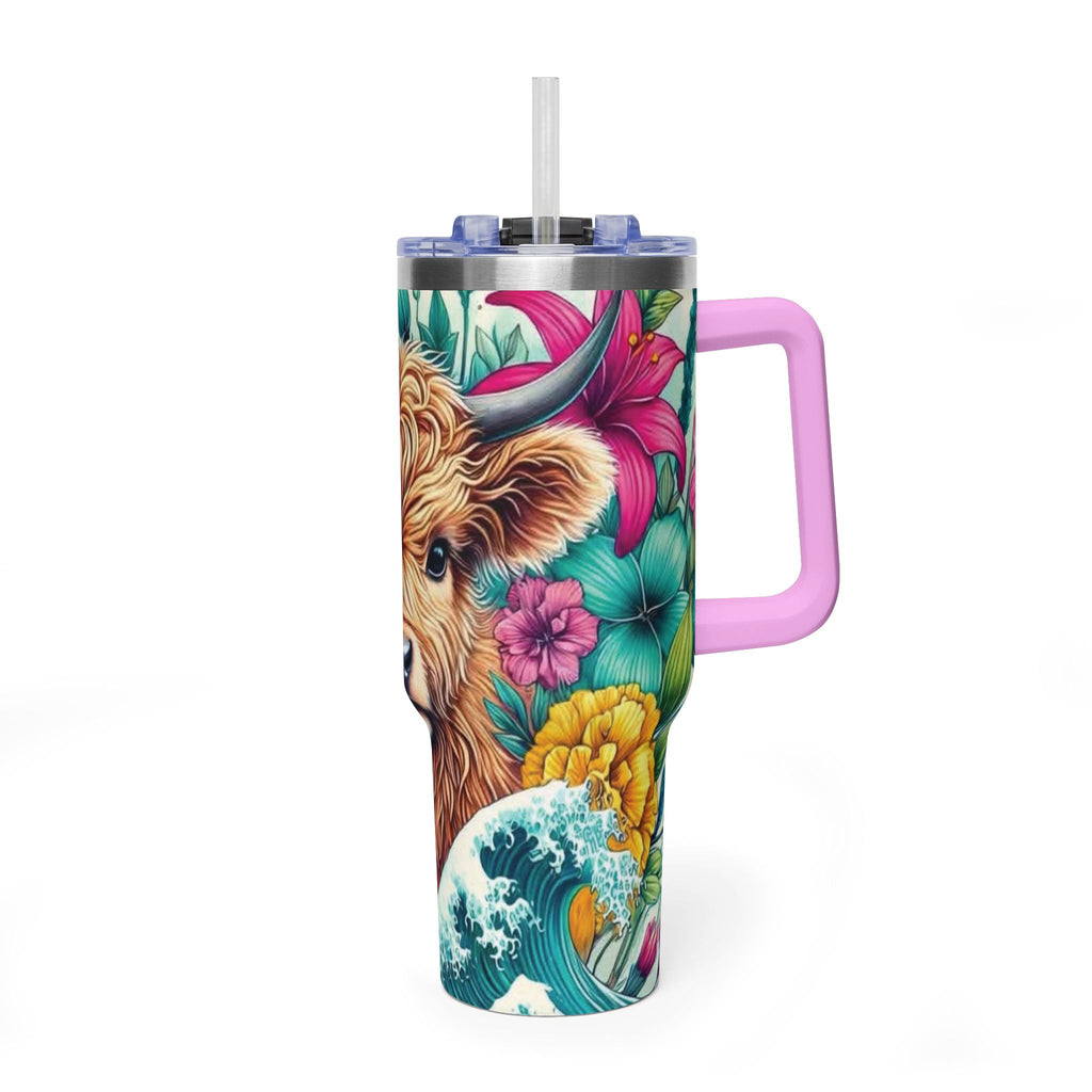 40oz Thermal Tumbler – Floral Highland Cow Insulated Travel Mug