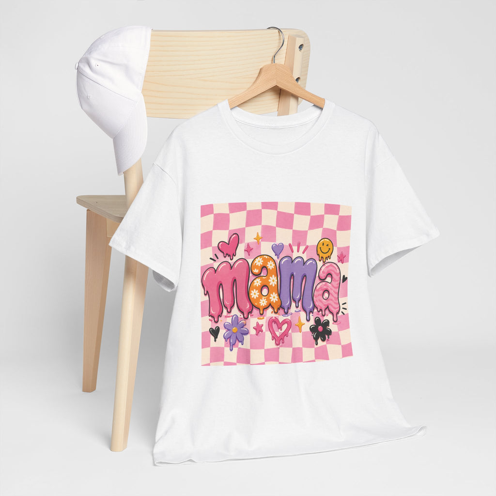 Mama Checkerboard Graphic Tee — Cute Pink Heart & Flower Mother's Day Shirt