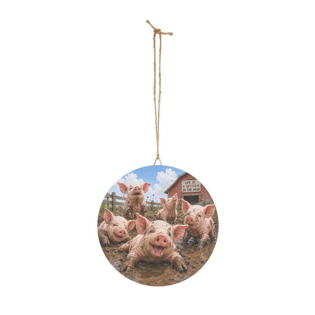 Round Farmhouse Wood Sign — Happy Pigs 'Life Is Better in the Mud' Rustic Décor