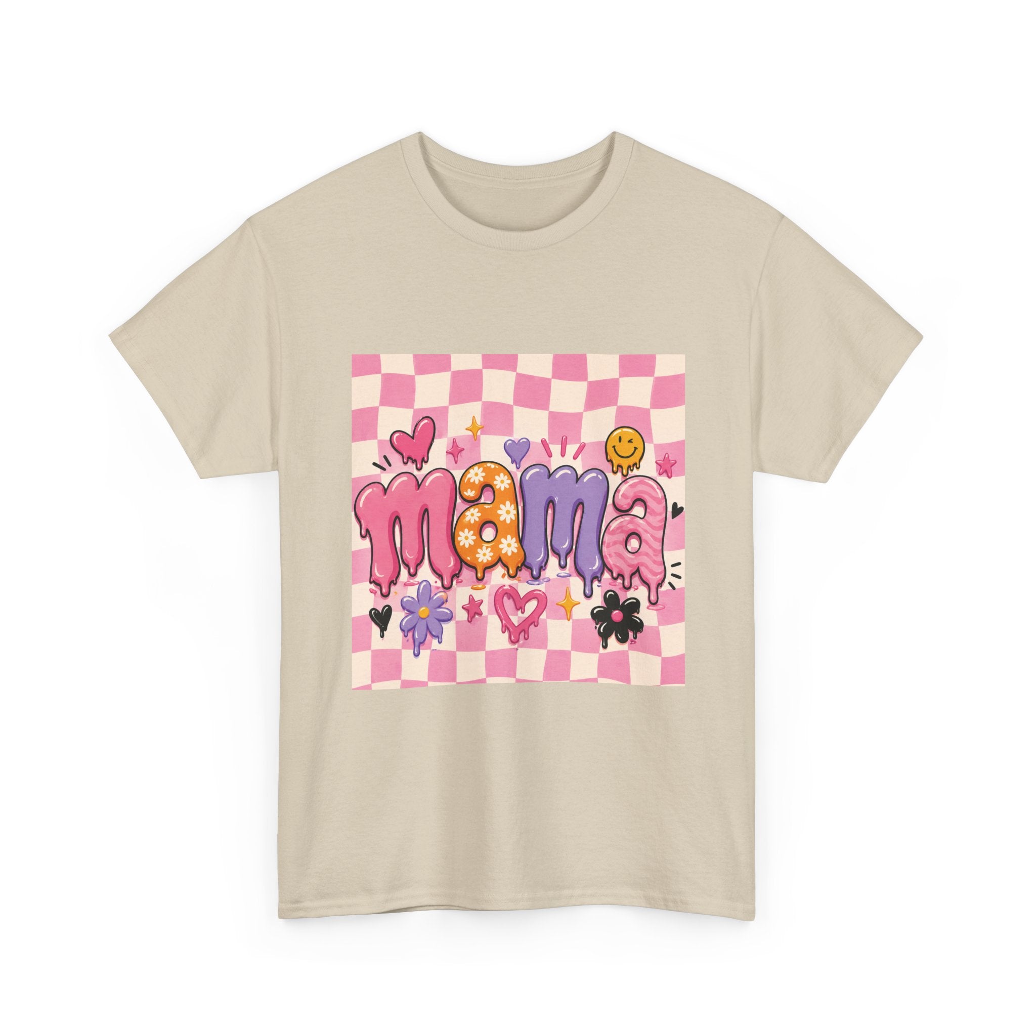 Mama Checkerboard Graphic Tee — Cute Pink Heart & Flower Mother's Day Shirt