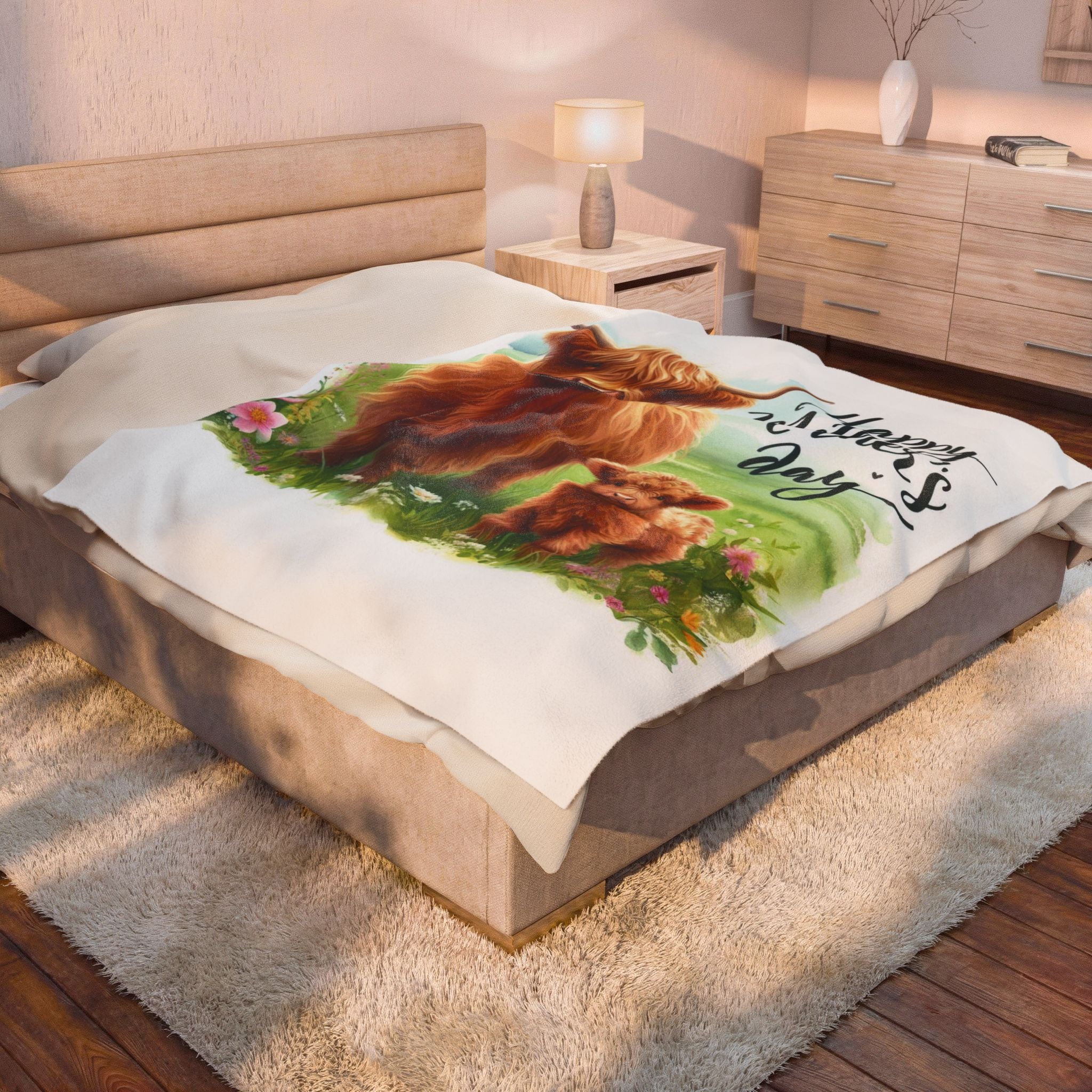 Mother's Day Velveteen Plush Blanket – Highland Cow & Calf Gift