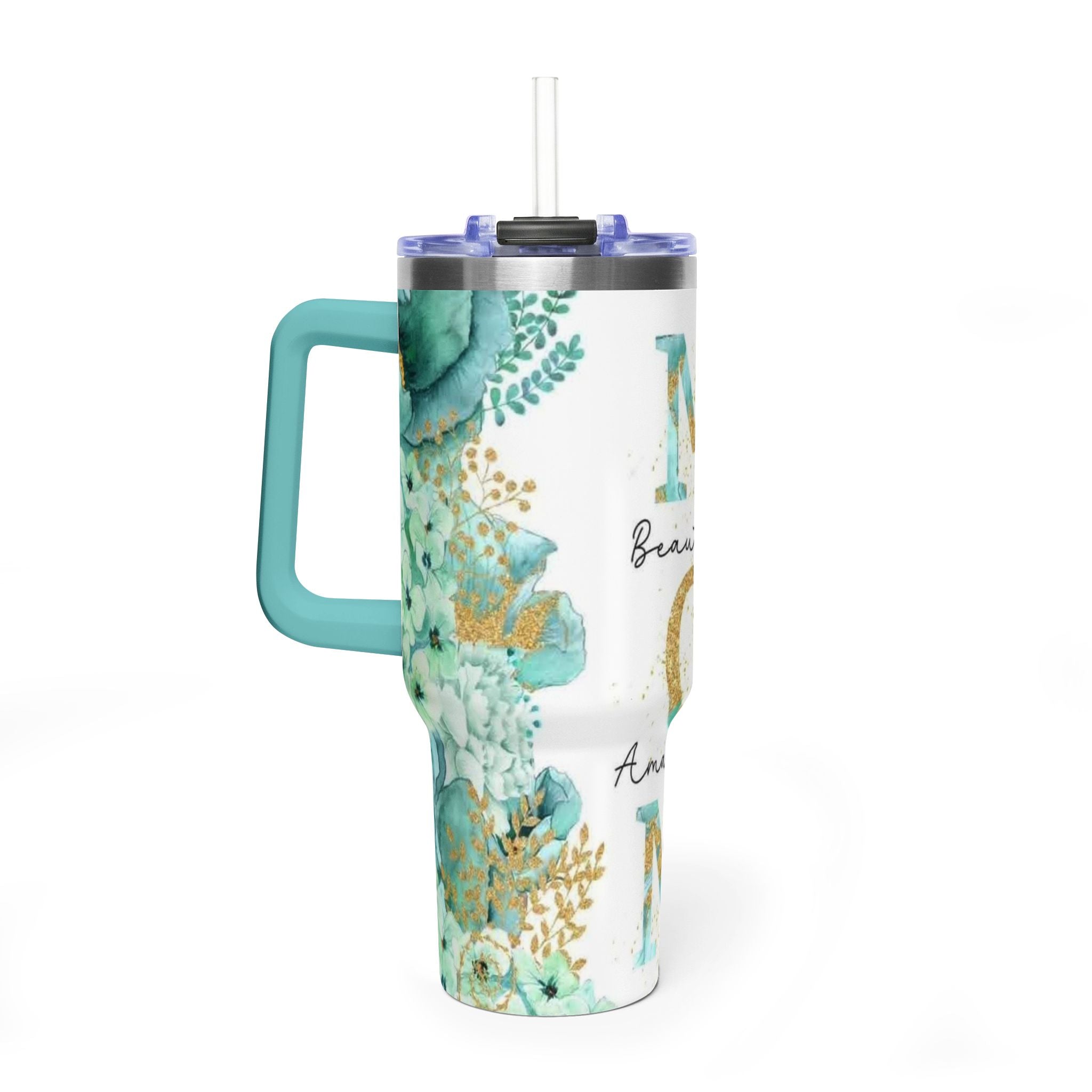 Mom Floral 40oz Vacuum Tumbler – Insulated Travel Mug with 'Mom Beautiful Amazing' Design