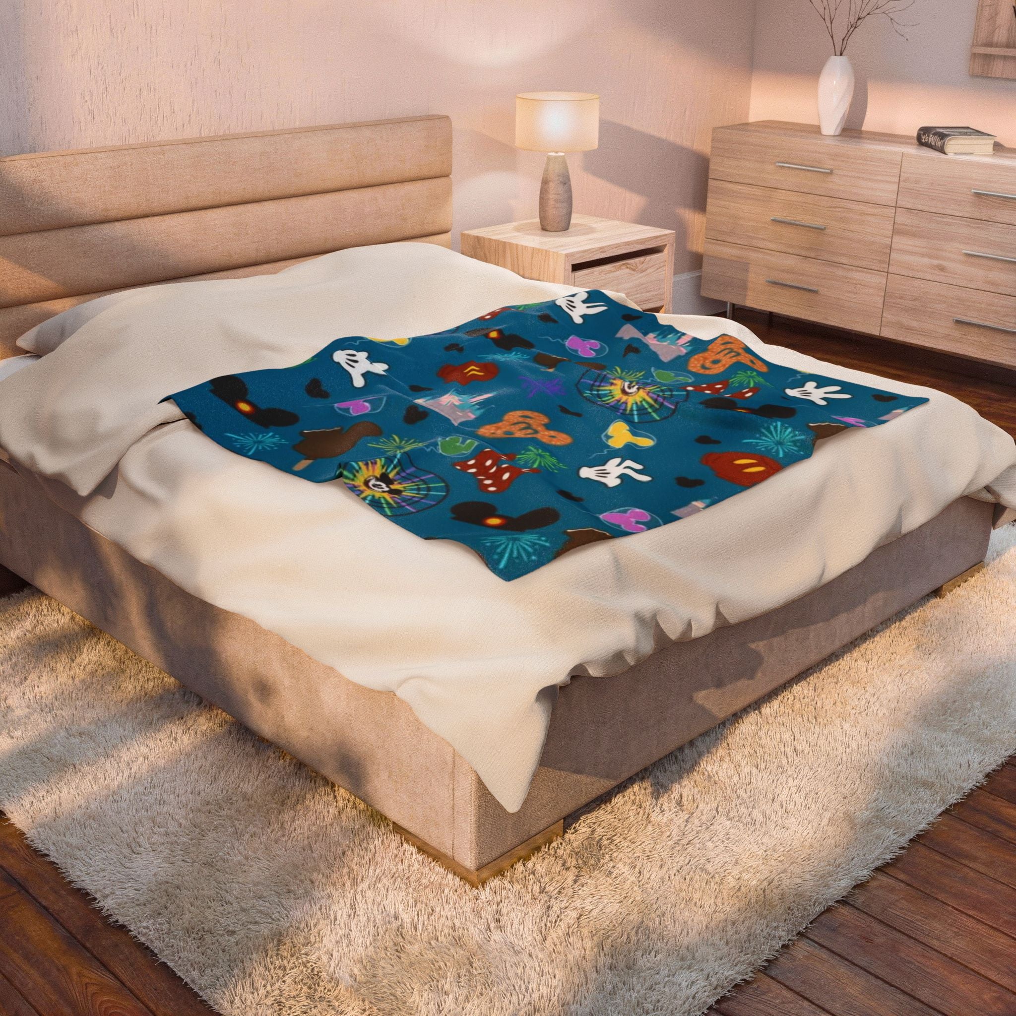 Disney Park Icons Velveteen Plush Blanket — Castle, Mickey & Treats Pattern