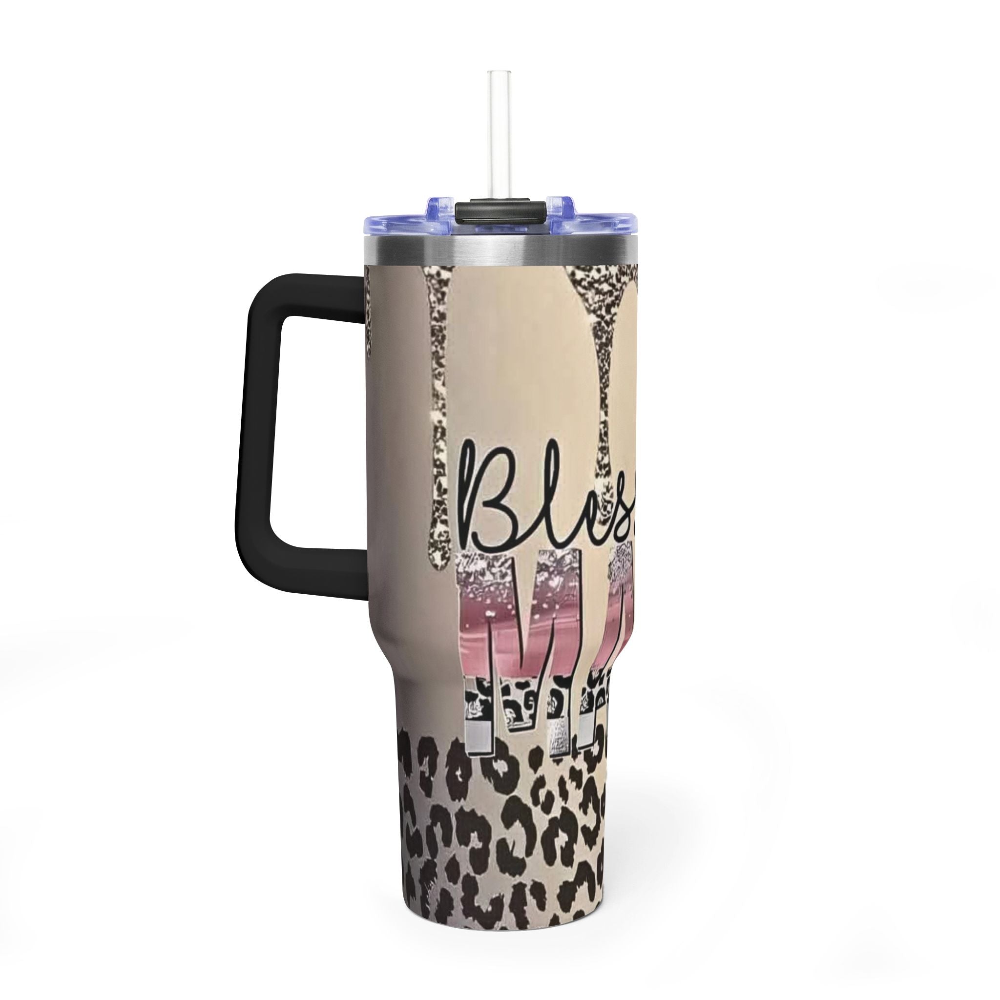 Blessed Leopard 40oz Vacuum Tumbler — Insulated Travel Cup with Glitter Drip Design