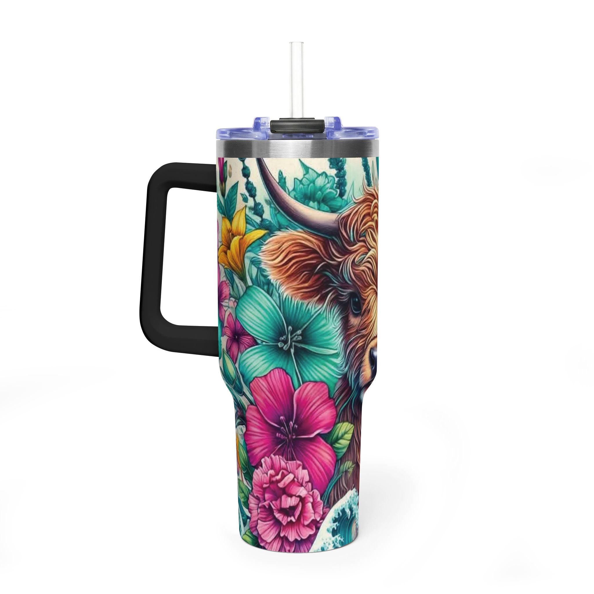 40oz Thermal Tumbler – Floral Highland Cow Insulated Travel Mug