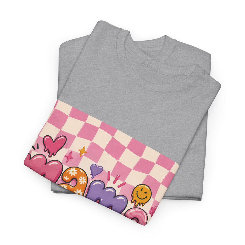Mama Checkerboard Graphic Tee — Cute Pink Heart & Flower Mother's Day Shirt