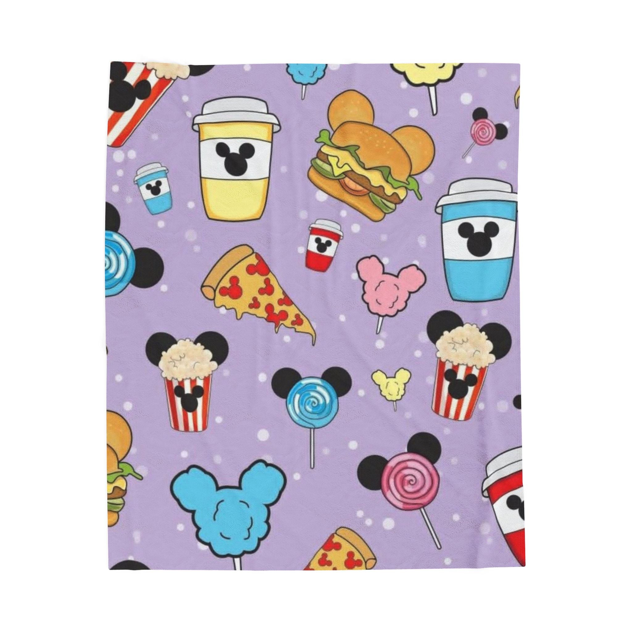 Velveteen Plush Blanket — Cute Theme Park Snacks Print (Popcorn, Cotton Candy, Pizza & Drinks)