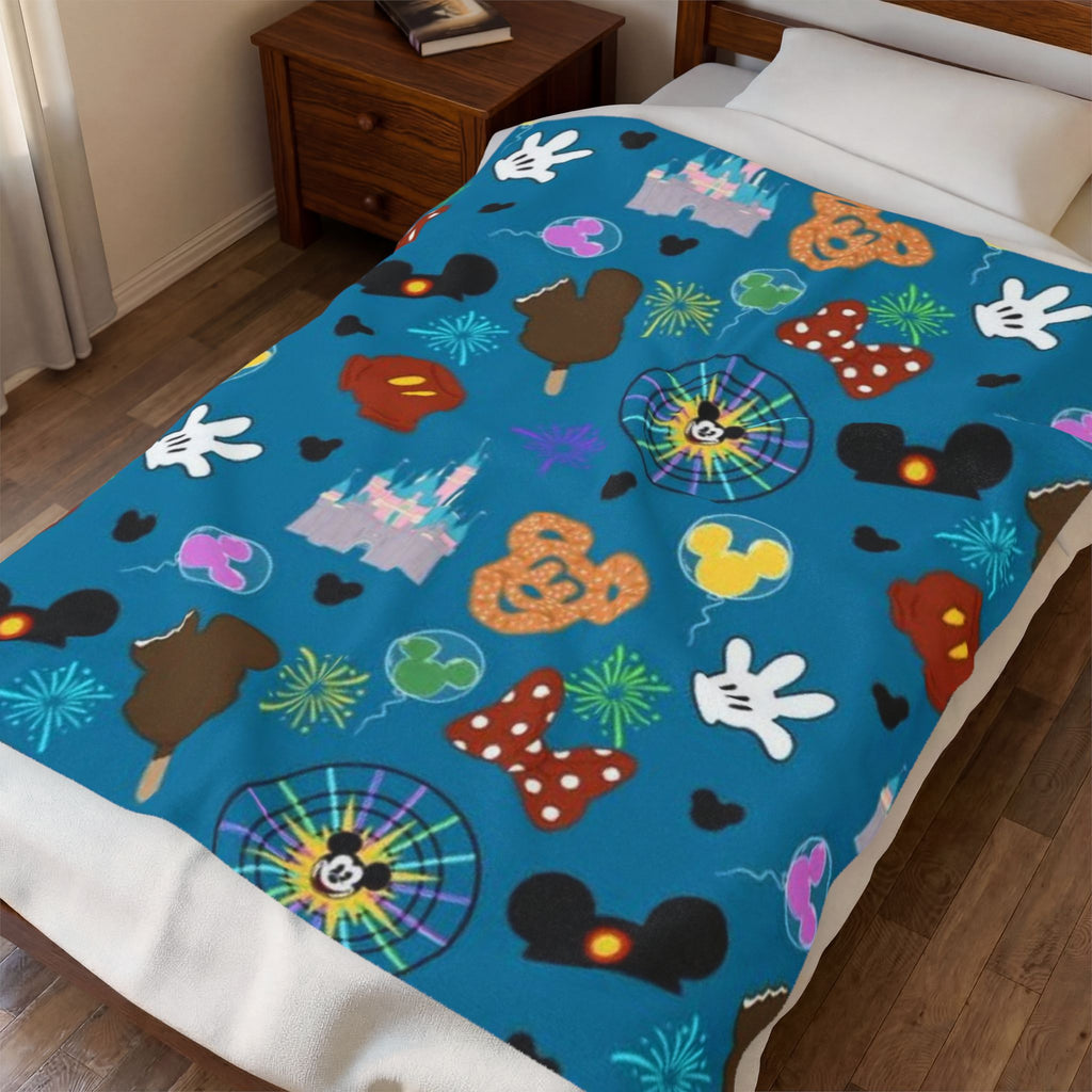 Disney Park Icons Velveteen Plush Blanket — Castle, Mickey & Treats Pattern