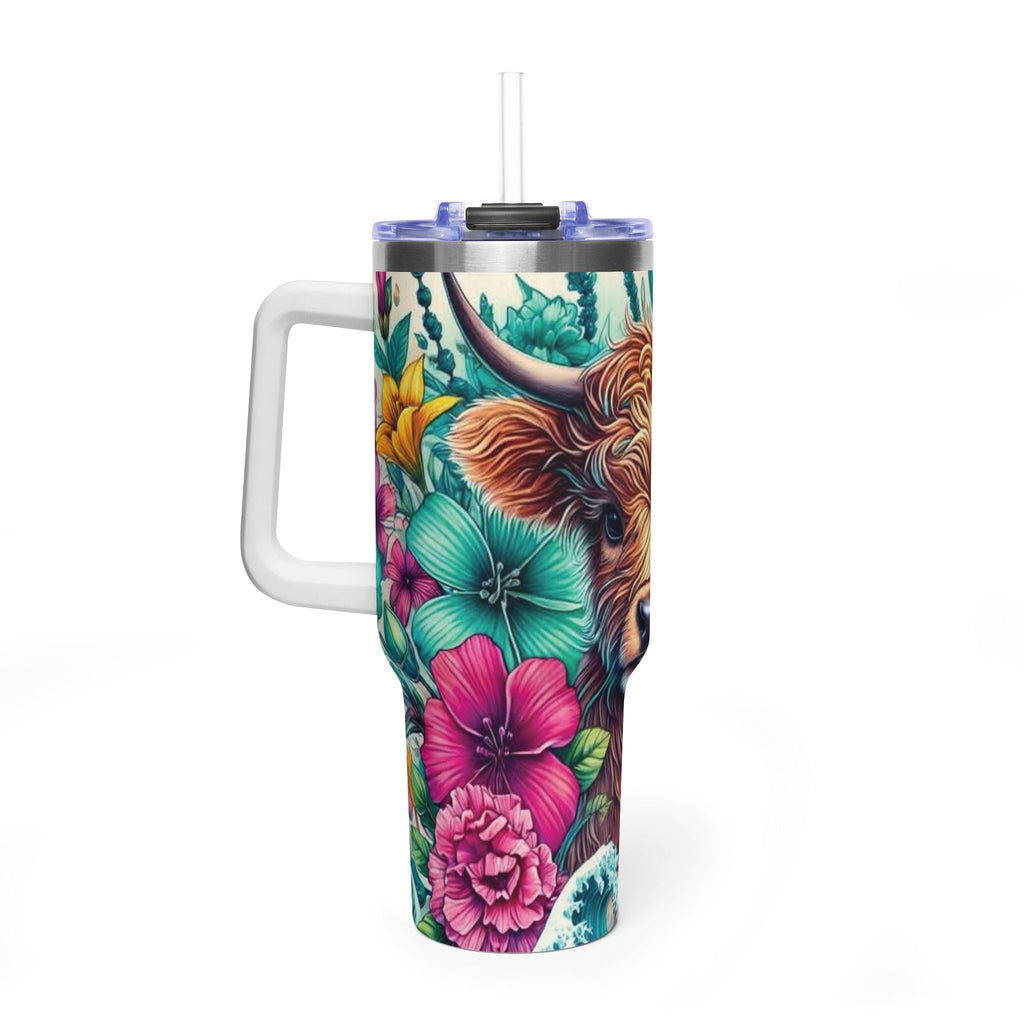 40oz Thermal Tumbler – Floral Highland Cow Insulated Travel Mug