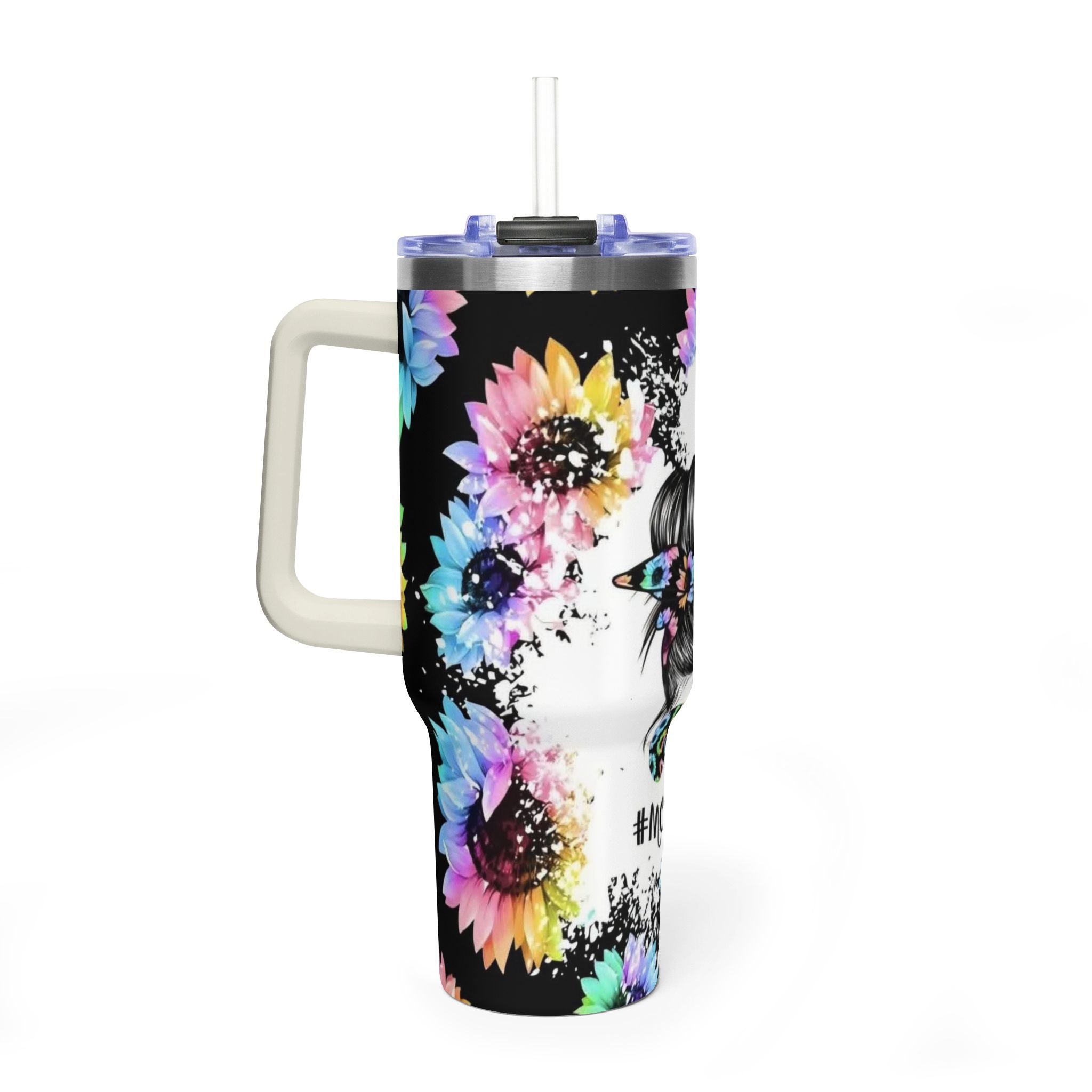 40oz Mom Life Tumbler - Floral Skull Messy Bun Vacuum Insulated Travel Mug