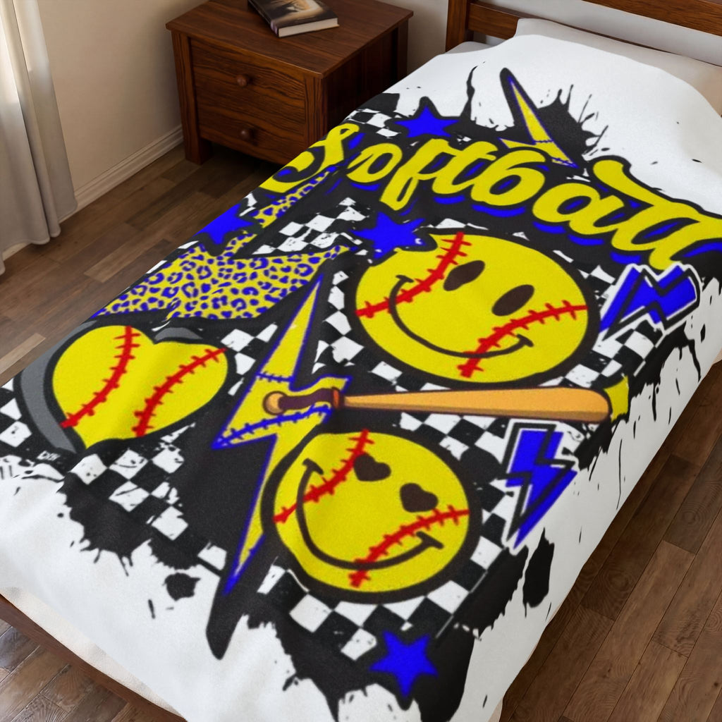 Softball Velveteen Plush Blanket – Smiley Ball Retro Graphic
