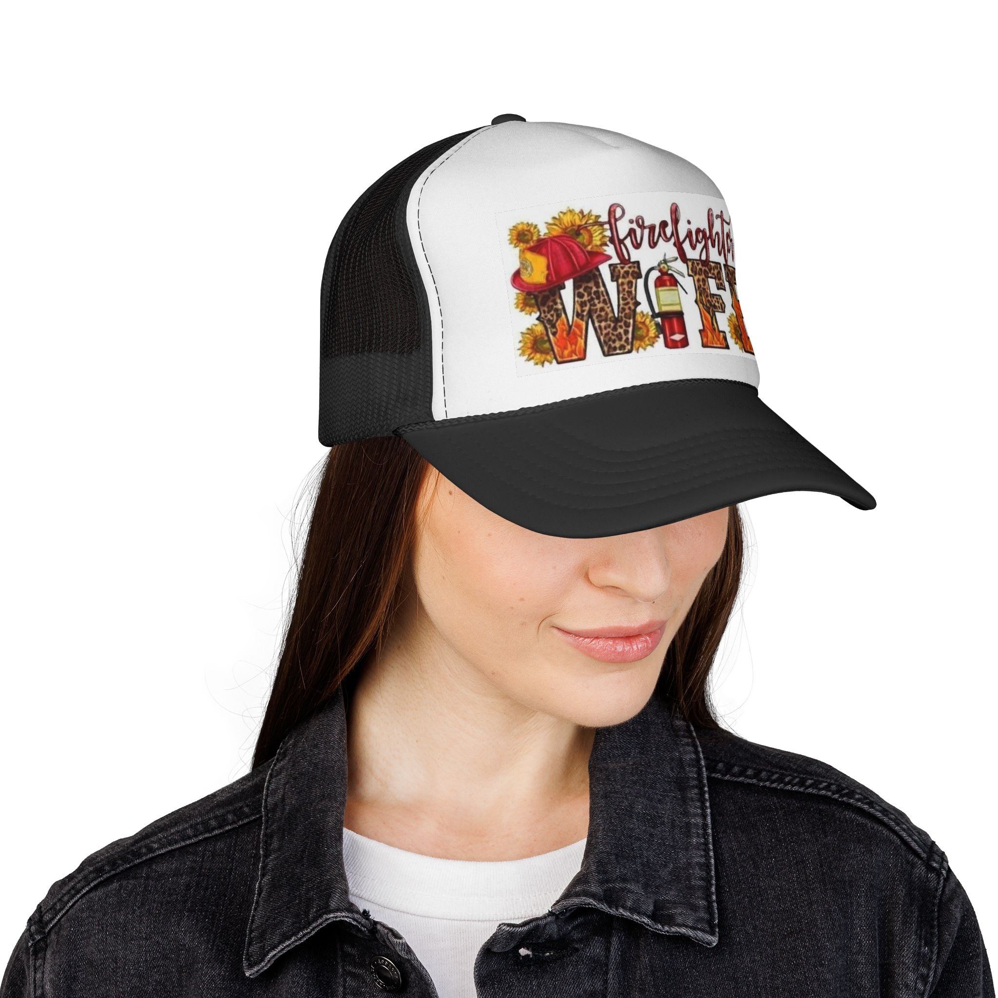 Firefighter Wife Trucker Cap | Floral Sunflower Helmet Design
