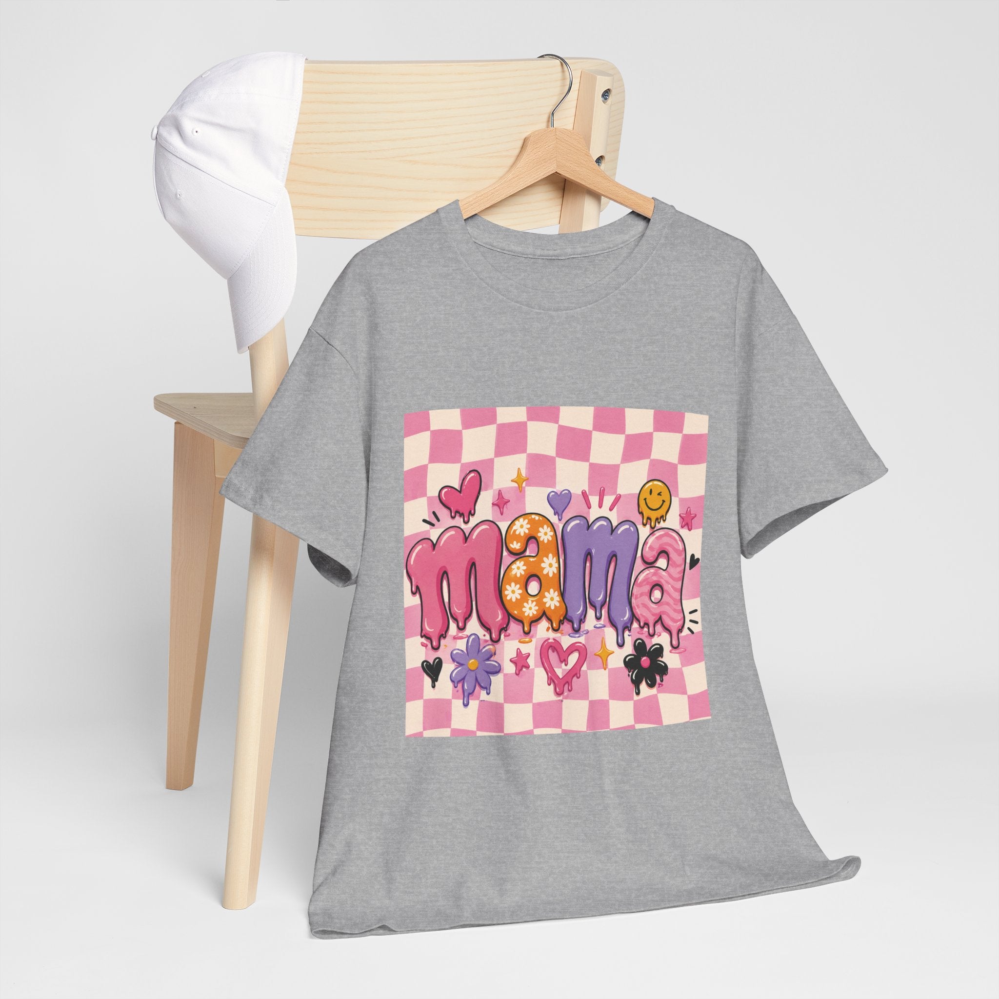 Mama Checkerboard Graphic Tee — Cute Pink Heart & Flower Mother's Day Shirt