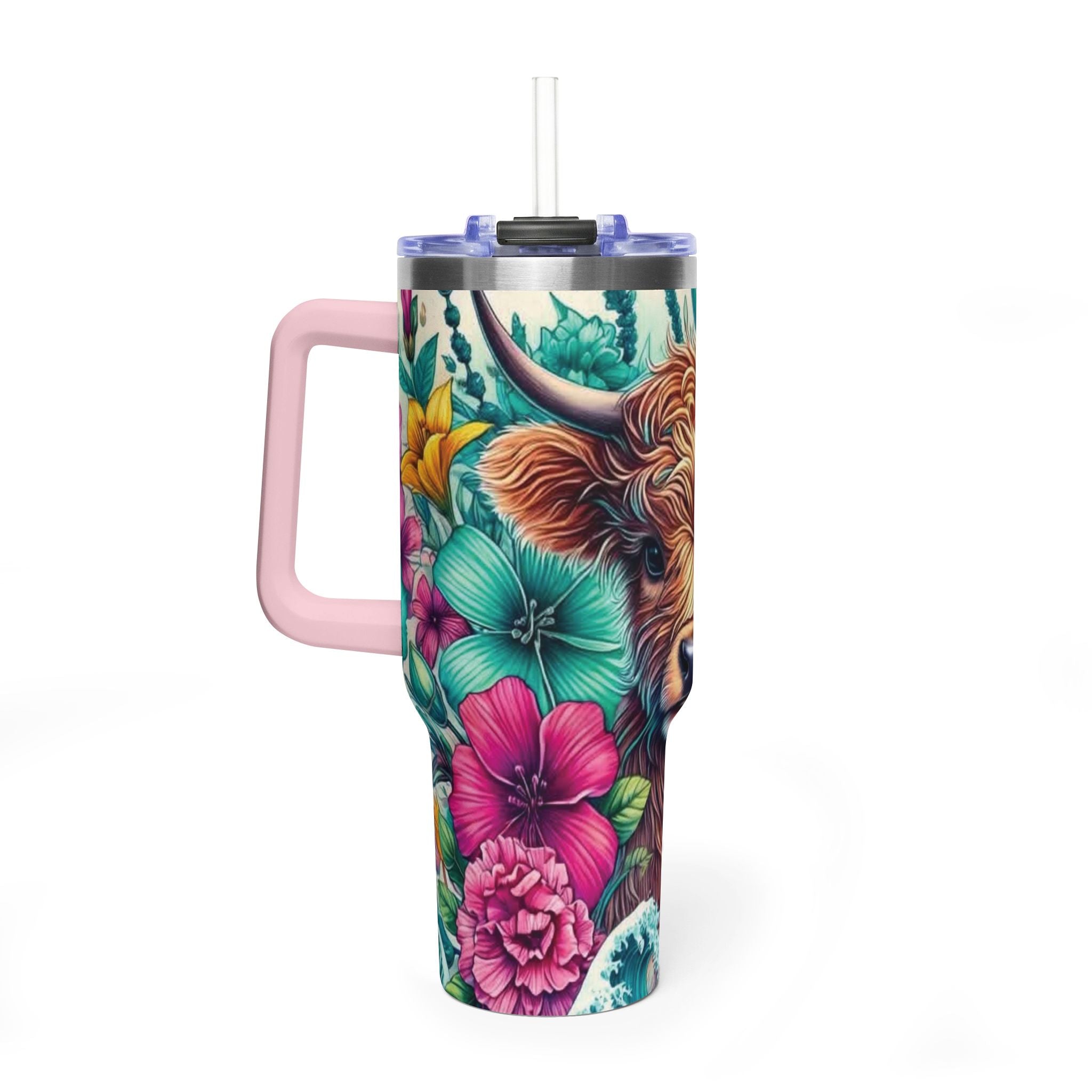 40oz Thermal Tumbler – Floral Highland Cow Insulated Travel Mug