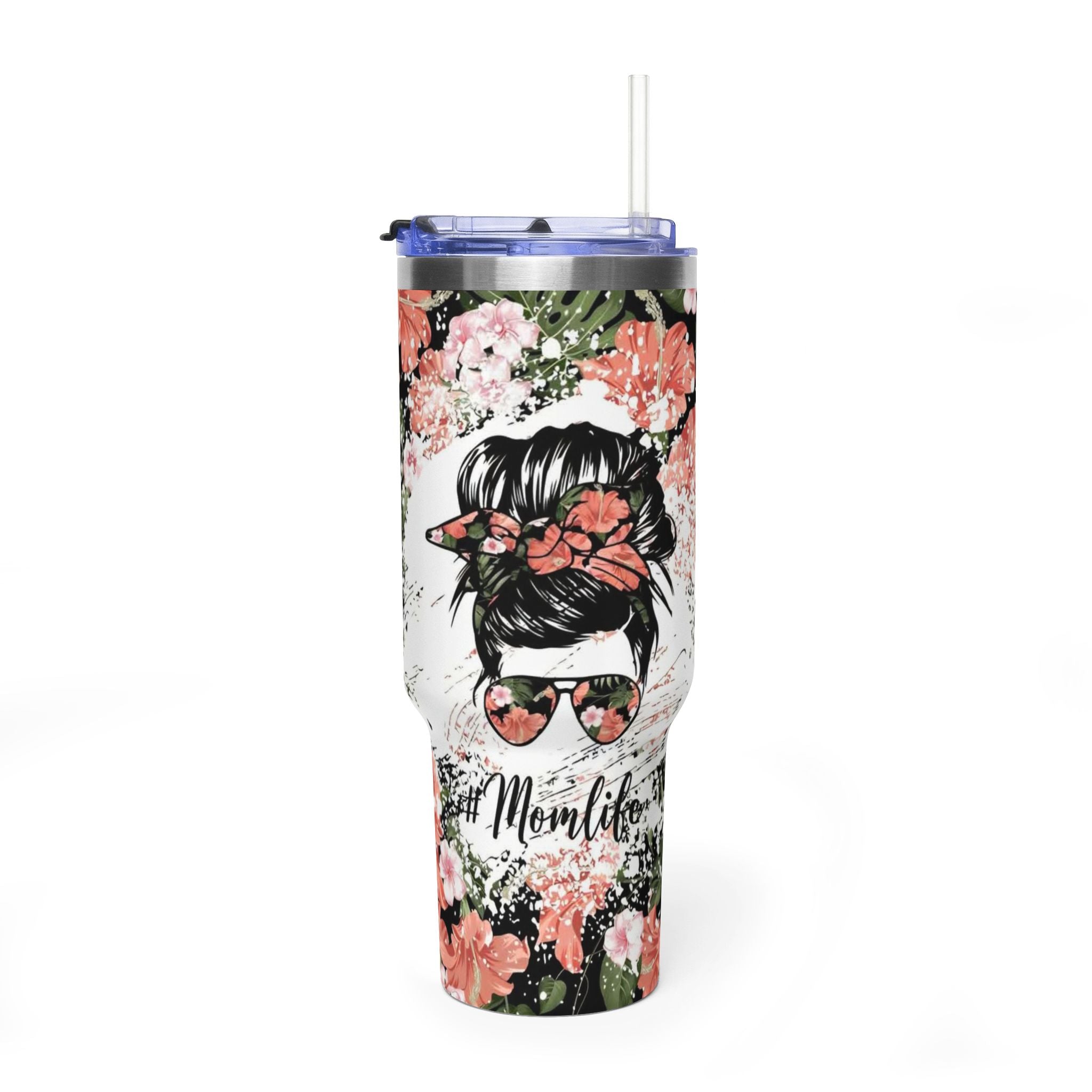 40oz Floral "Momlife" Vacuum Tumbler – Insulated Travel Mug with Straw