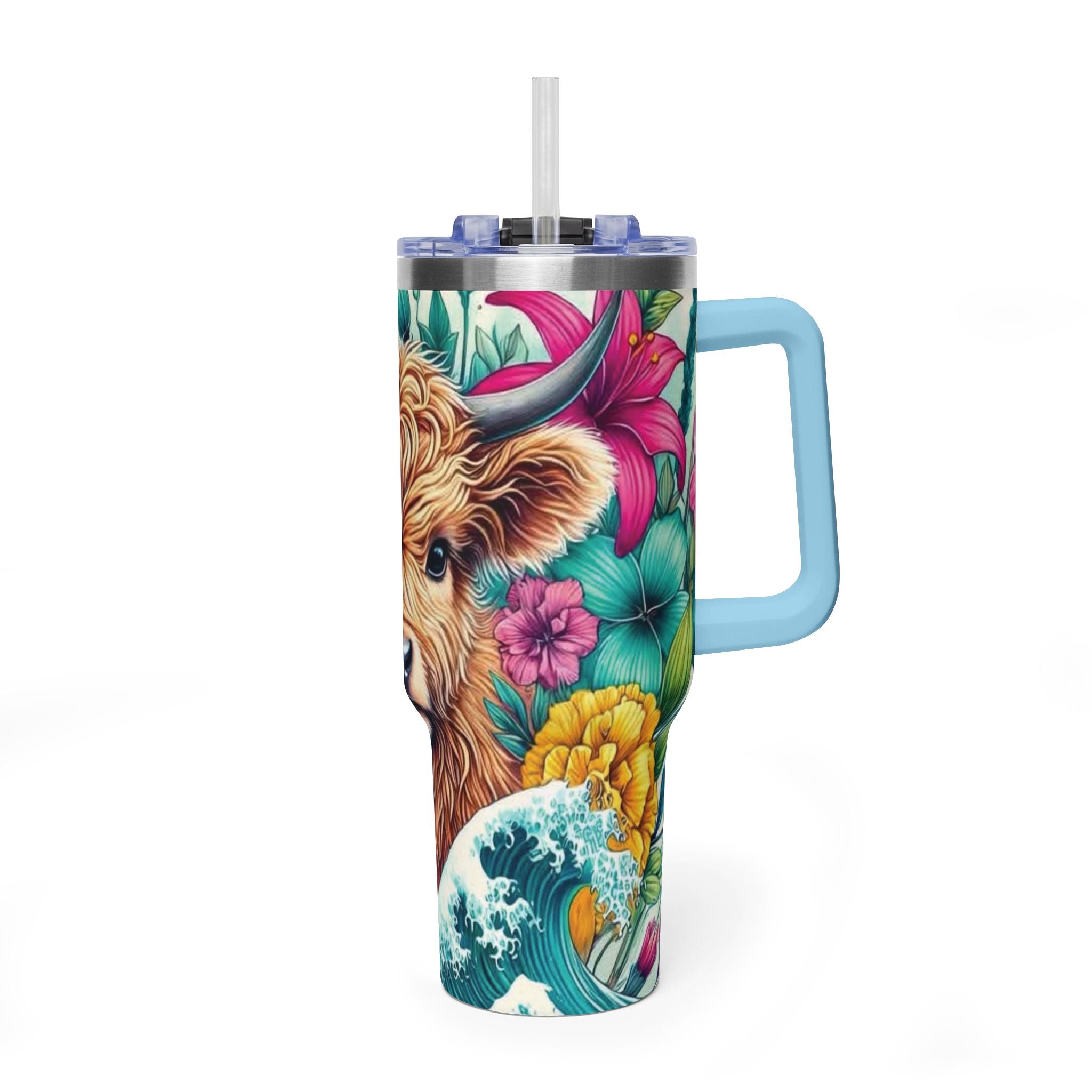 40oz Thermal Tumbler – Floral Highland Cow Insulated Travel Mug