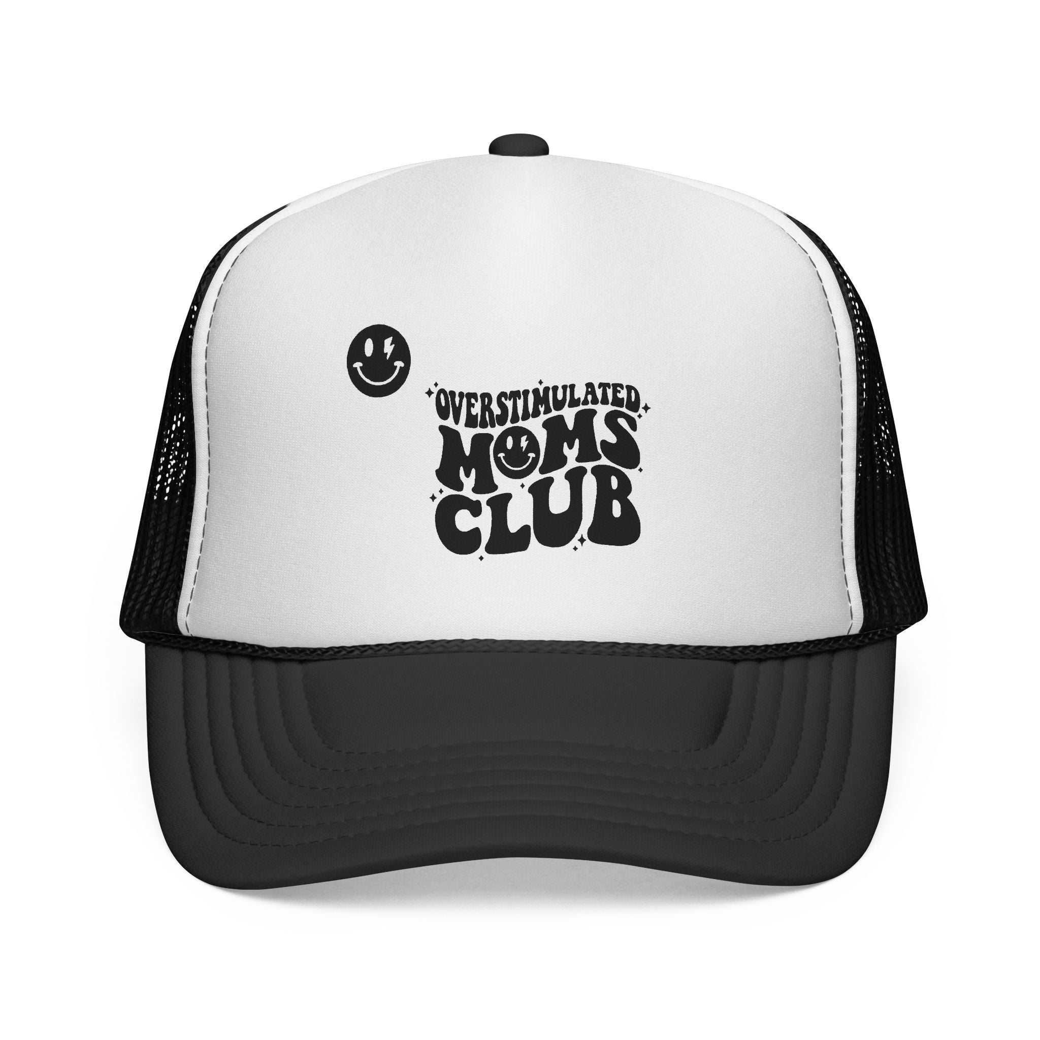 Overstimulated Moms Club Trucker Cap | Retro Smiley Mom Design