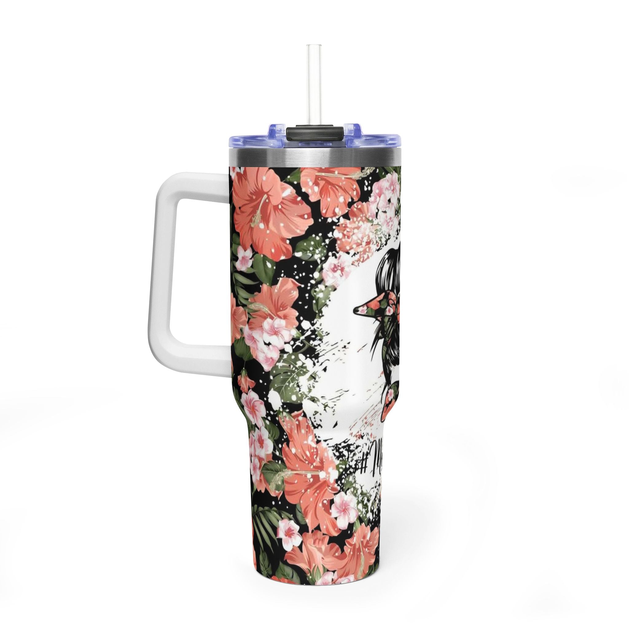 40oz Floral "Momlife" Vacuum Tumbler – Insulated Travel Mug with Straw