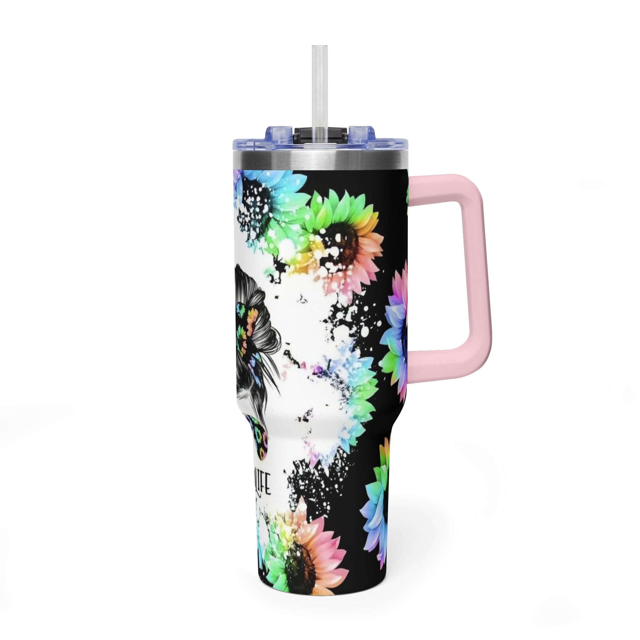 40oz Mom Life Tumbler - Floral Skull Messy Bun Vacuum Insulated Travel Mug