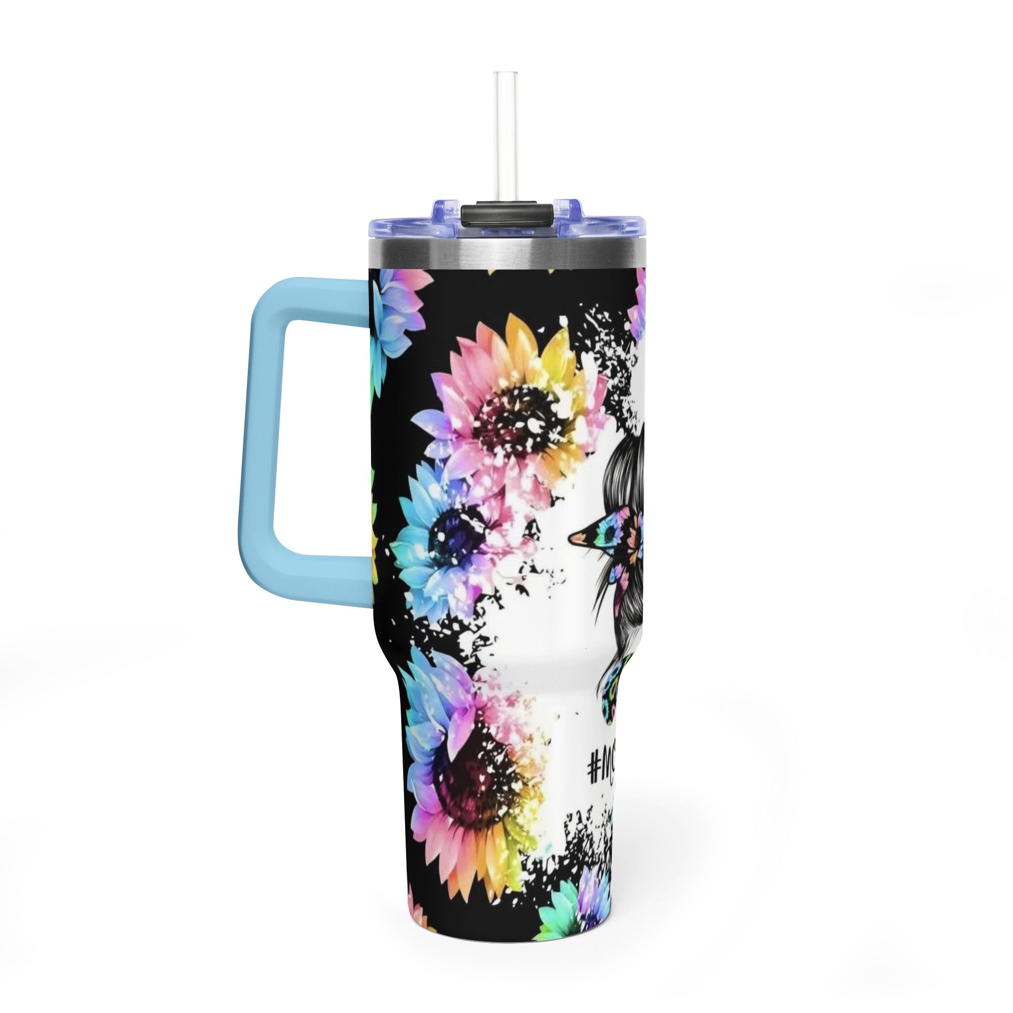 40oz Mom Life Tumbler - Floral Skull Messy Bun Vacuum Insulated Travel Mug